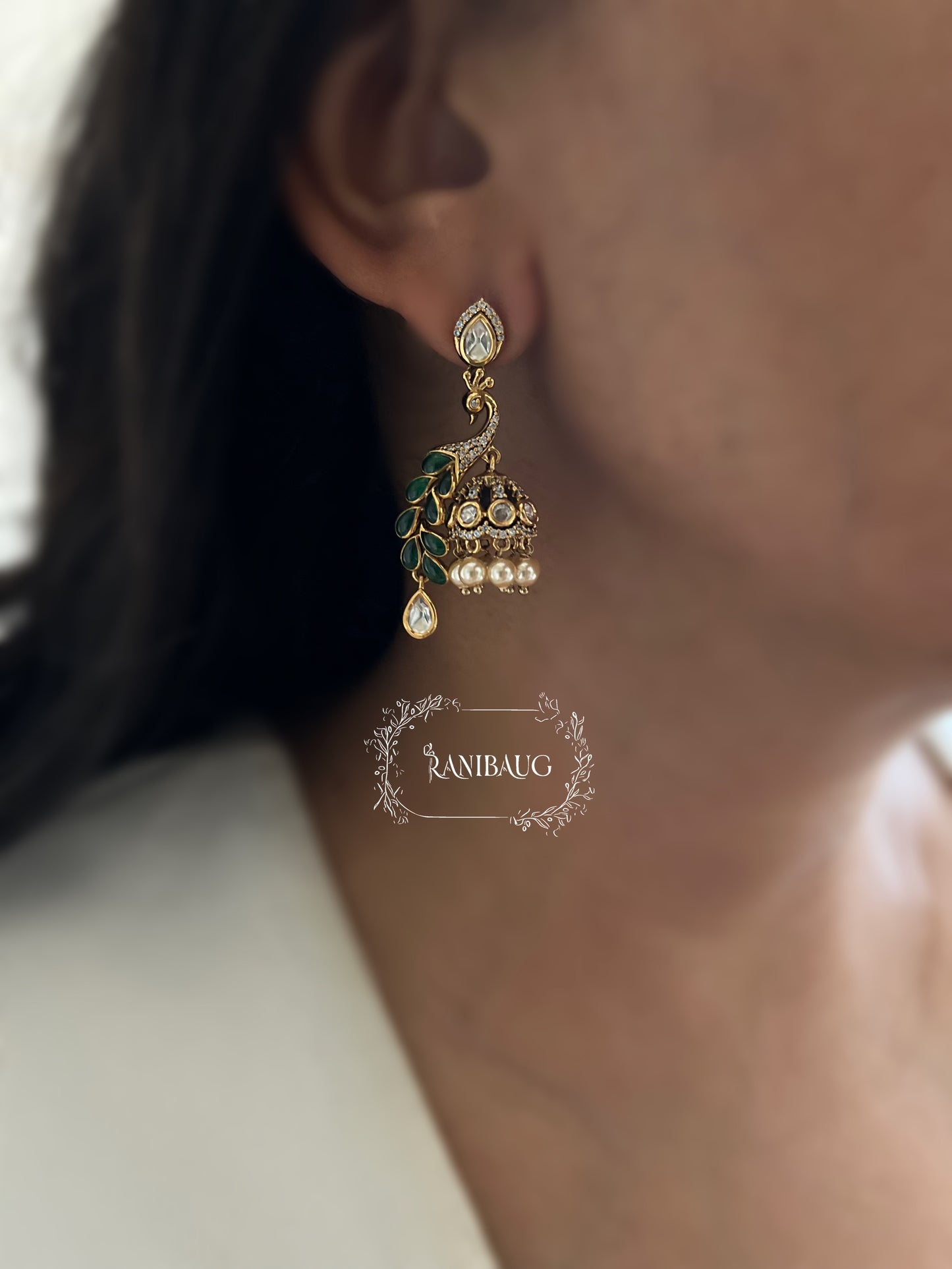 Peacock Polki Kundan Dangler Jhumka Earrings by Ranibaug
