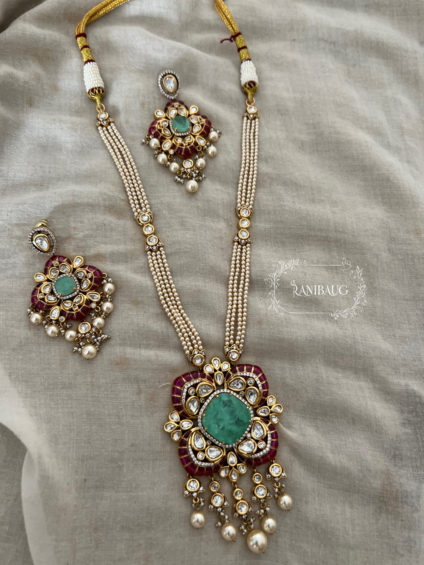 Abha Neel Gold Finish Polki Studded Pearl Fringe Festive Long Necklace Jewelry Set By Ranibaug
