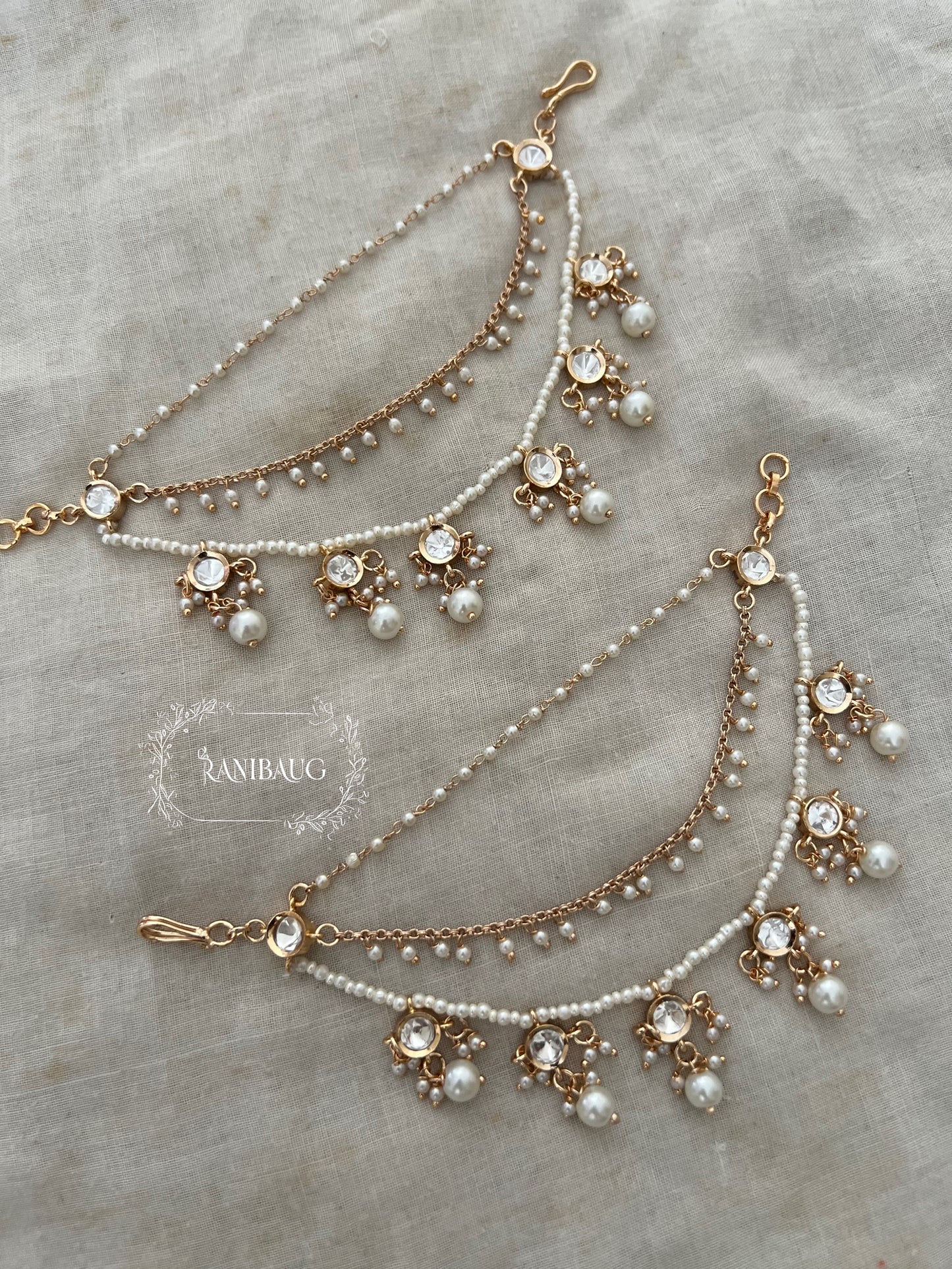 Abroo Pearl Adorned In Rich Gold Finish Polki And Pearl Fringe Drops Ear Chain Jewelry By Ranibaug