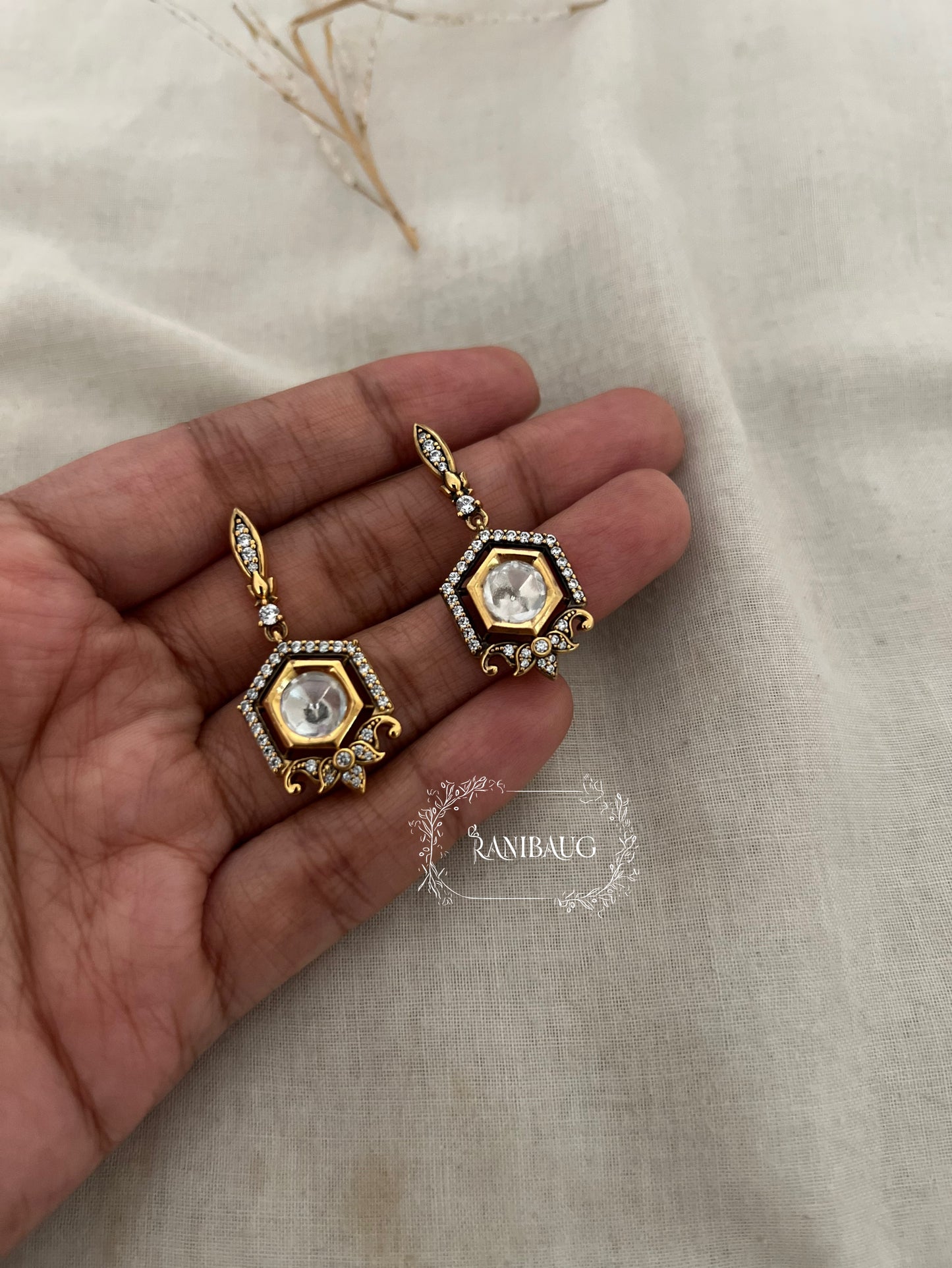 Adhira Hexagonal Polki Drop Earrings | Gold-Plated Kundan Jewelry By Ranibaug