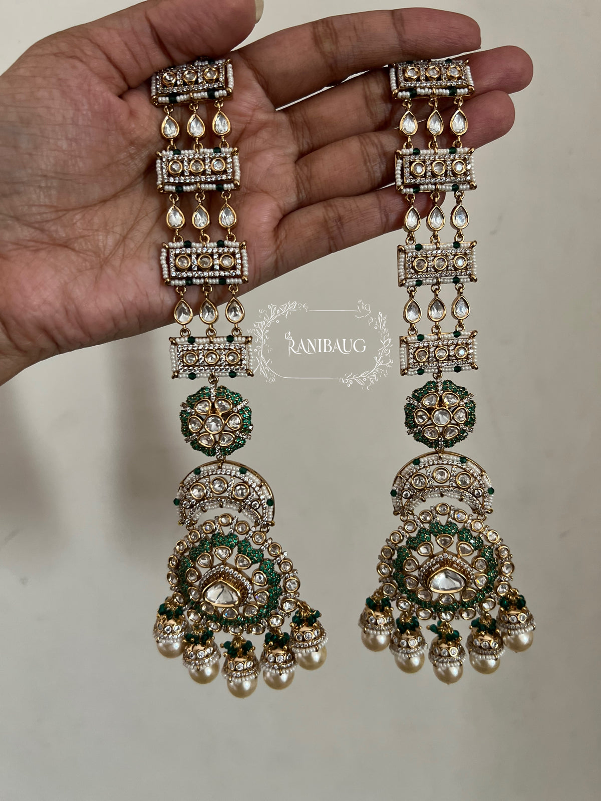 Advita Long Kundan Pearl Royal Hair Chain Chandbali Earrings By Ranibaug