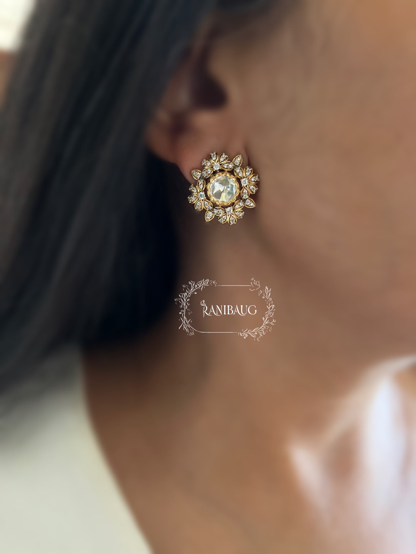 Akshara Polki Bloom Gold Finish Floral Ear Studs Jewellery By Ranibaug