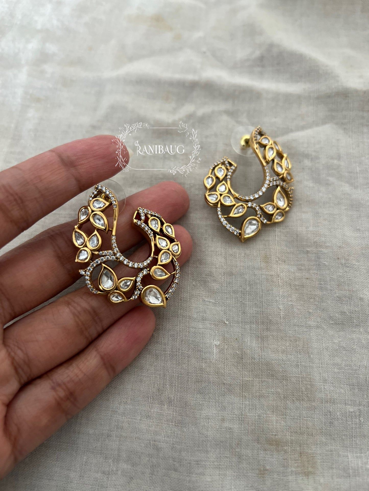 Alina Leaf Vines Premium Gold Finish Polki Leaves Ear Studs Earrings By Ranibaug