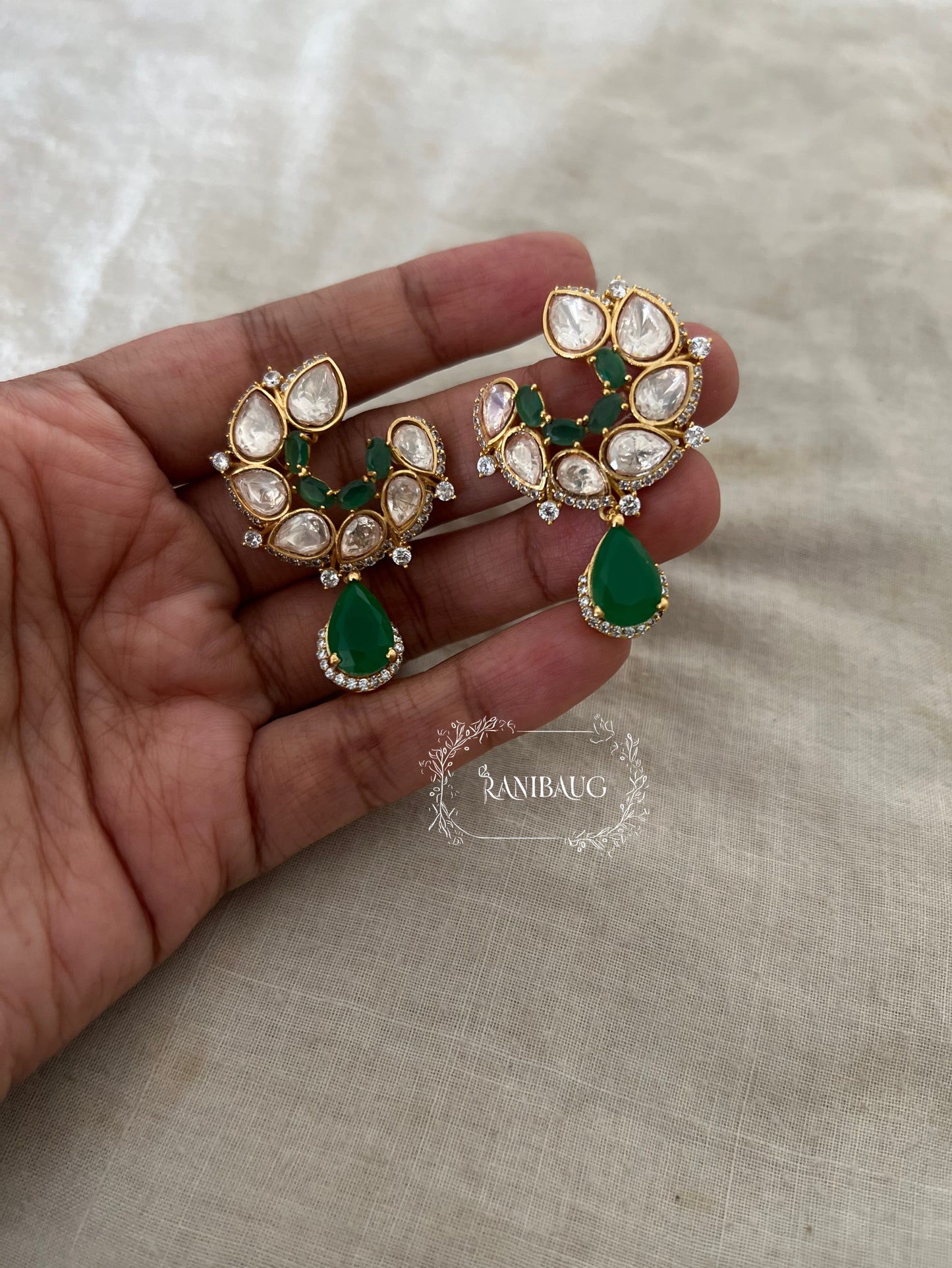 Amaira Polki Studded Green Teardrop Stone Motif Ear Stud By Ranibaug