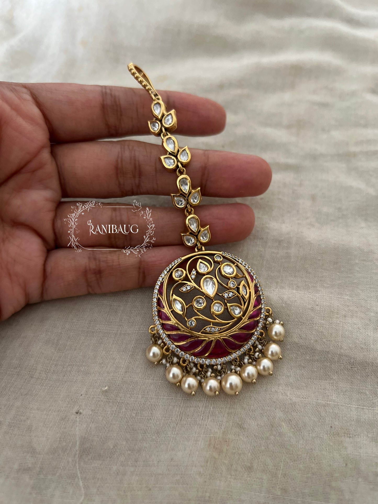 Amara Polki Pearl Adorned Royal Floral Fine Gold Plated Maang Tikka Jewellery By Ranibaug