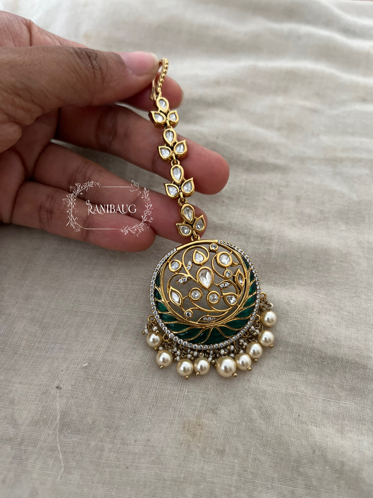 Amara Polki Pearl Adorned Royal Floral Fine Gold Plated Maang Tikka Jewellery By Ranibaug