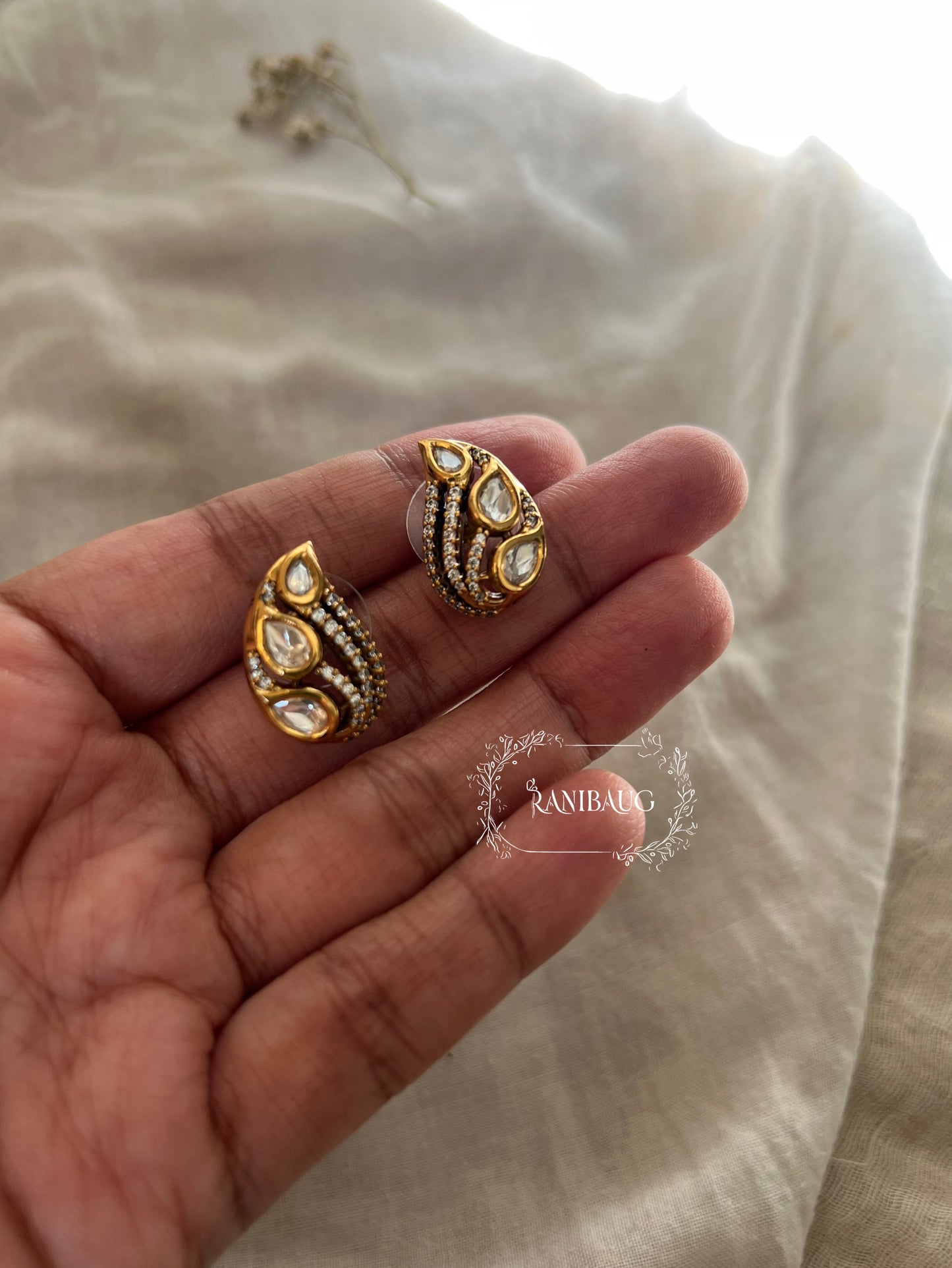 Ambika Antique Paisley Kundan Polki Studs | Dual-Tone Ethnic Earrings By Ranibaug