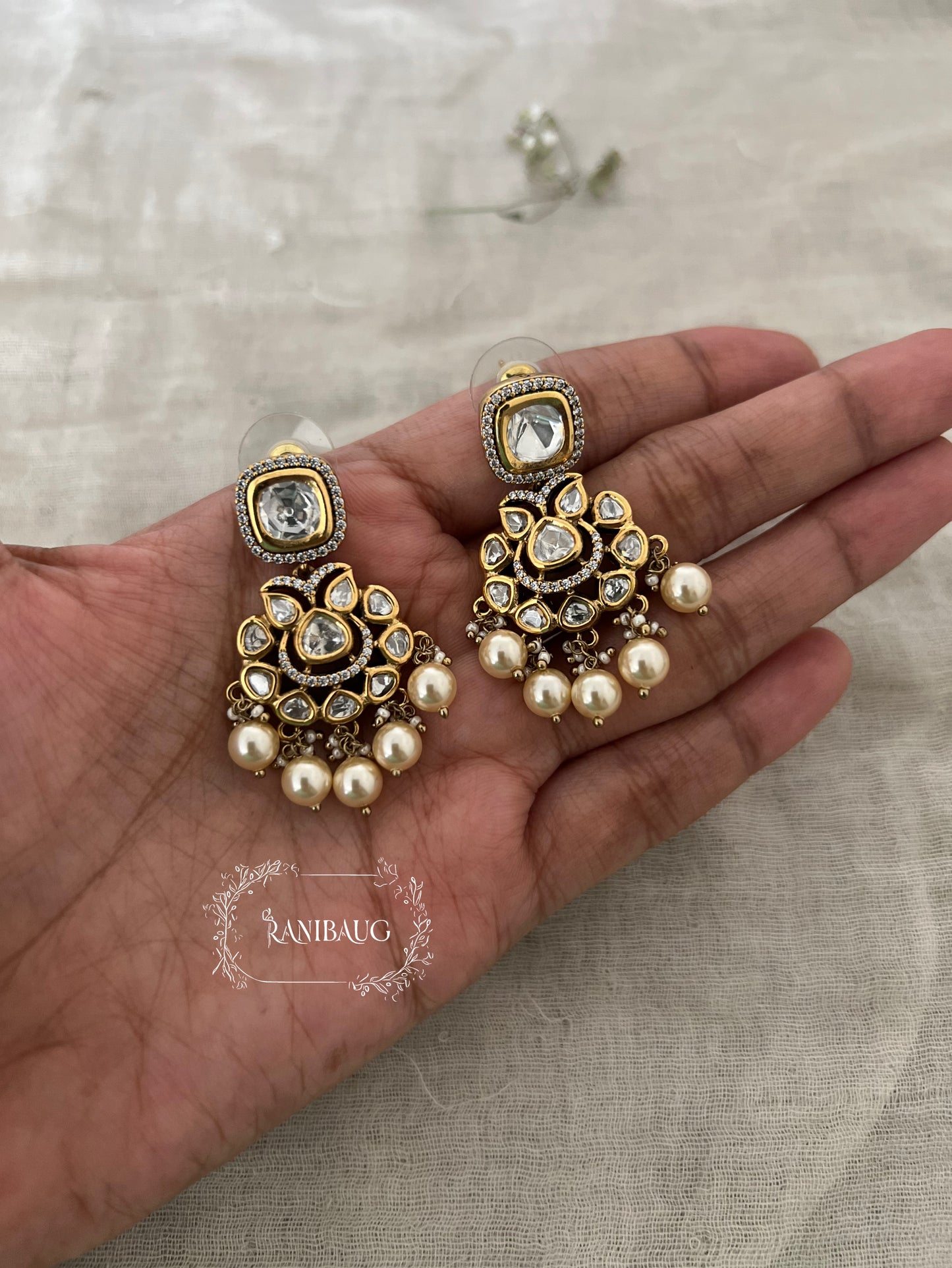 Anahita Kundan Polki Earrings With Pearl Drops | Antique Gold Plated Indian Traditional Studs By Ranibaug
