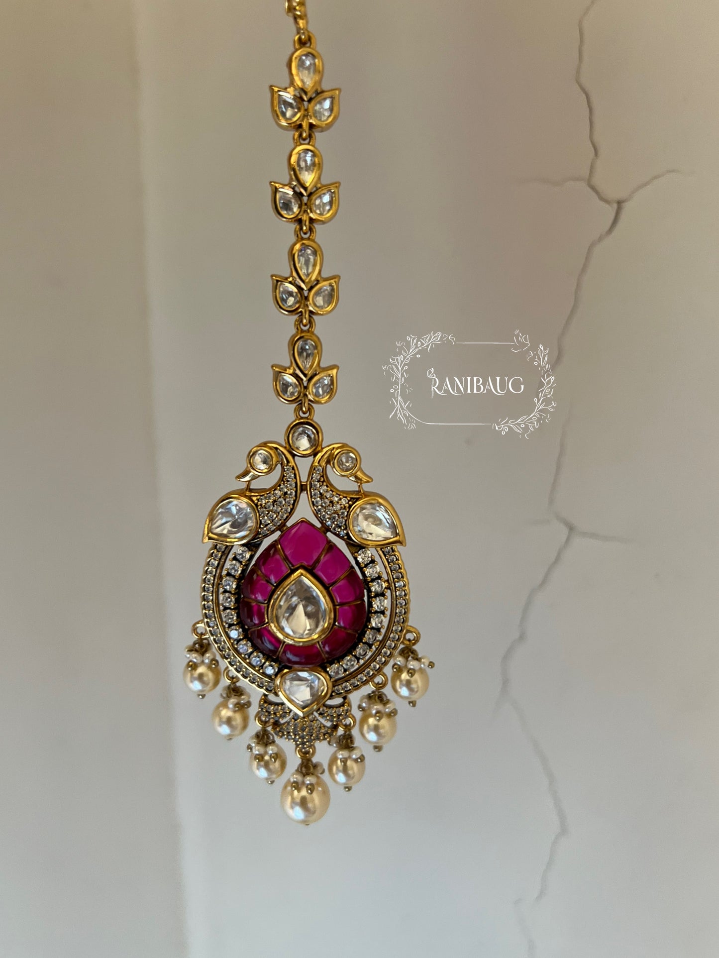Aneri Indian Peacock Inspired Gold Plated Polki Studded Maang Tikka Jewellery For Women By Ranibaug