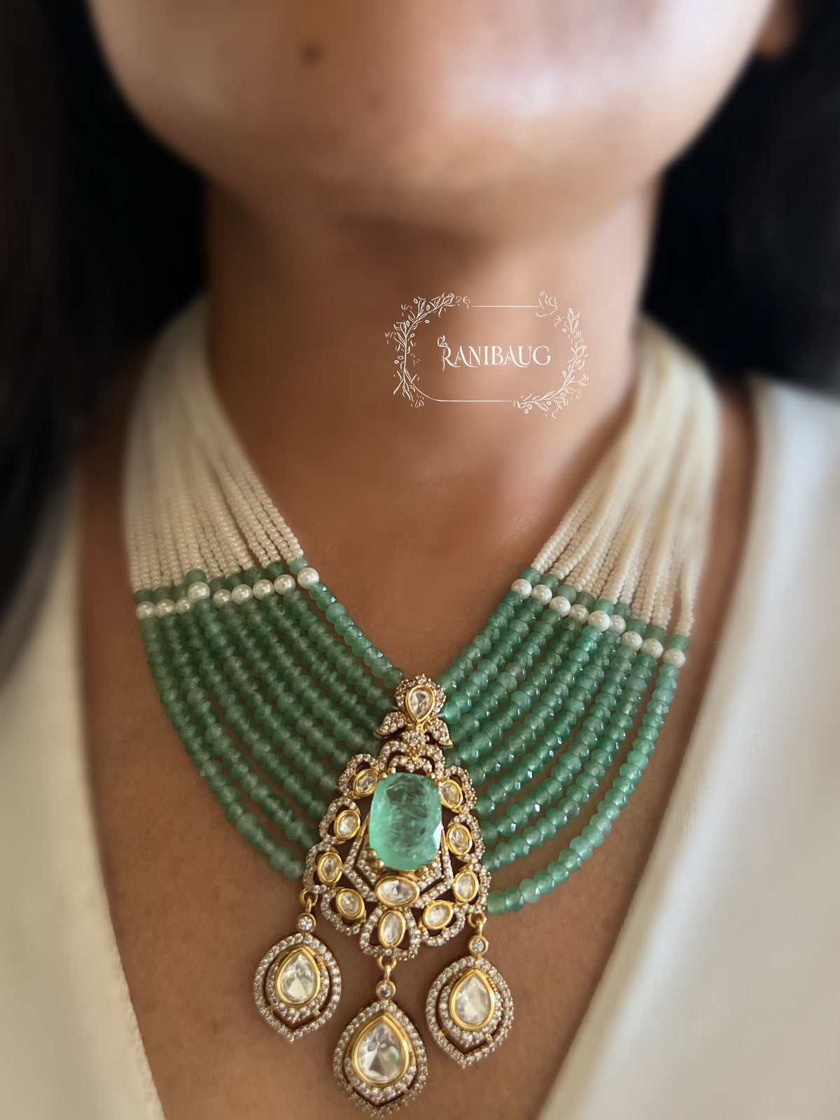 Aneri Pollki Kundan Emerald Pearl Strands Royal Layered Necklace Set By Ranibaug