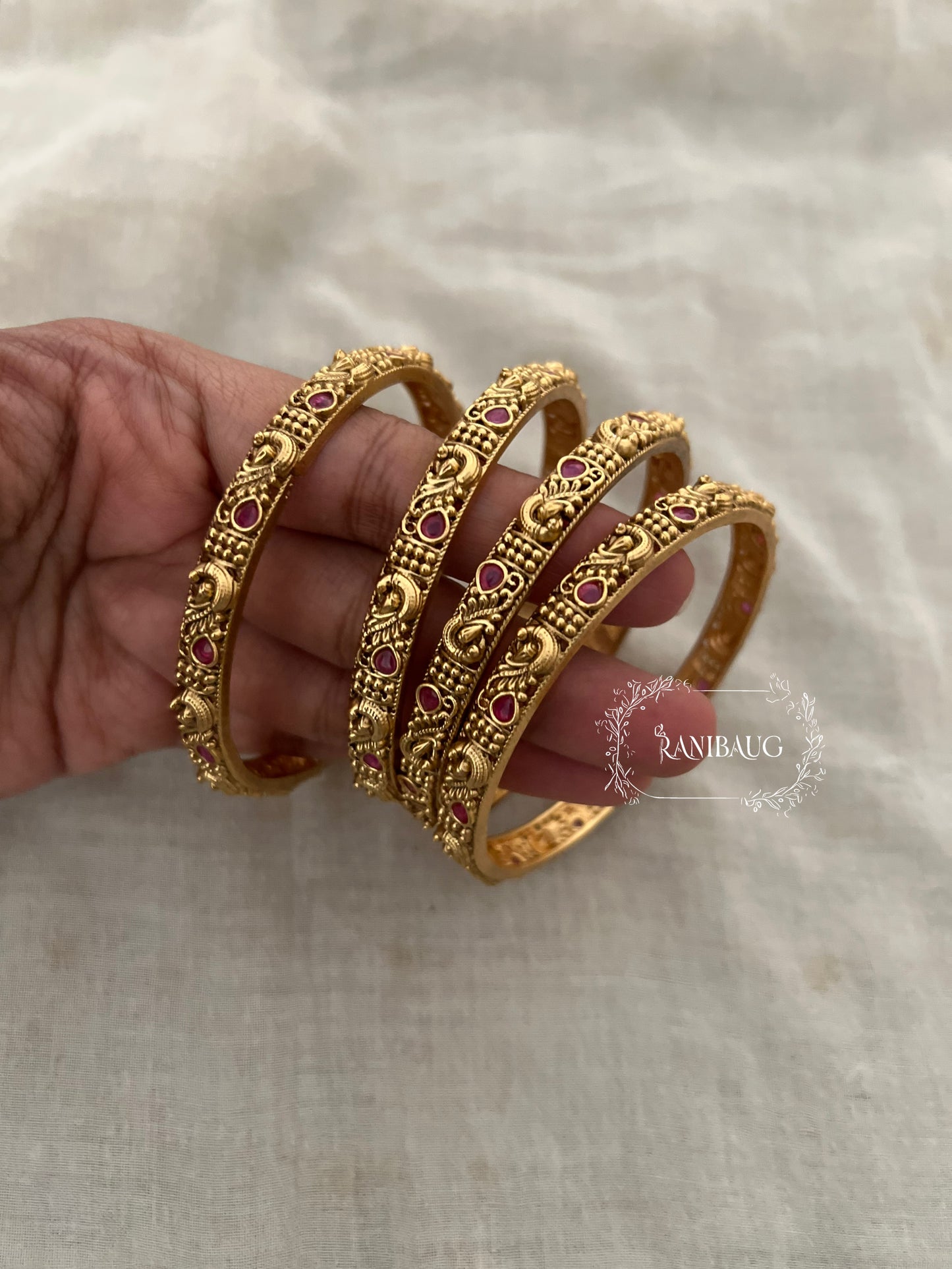 Anisha Ruby Motif Heritage Gold Bangles By Ranibaug (Set Of 4)