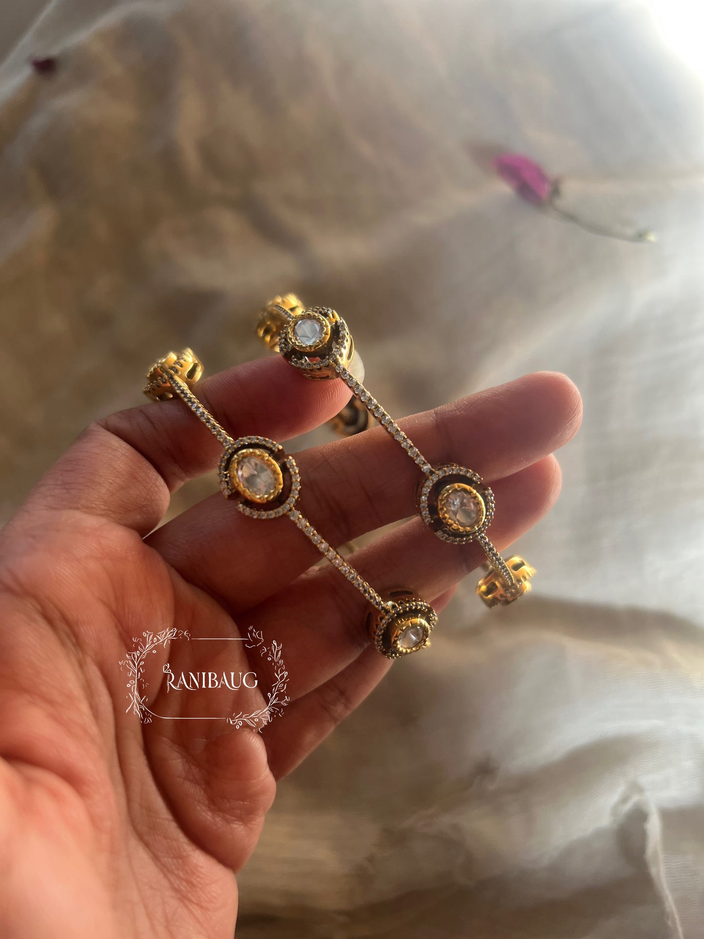 Ankita Mossainite Kundan Churi Bracelet Style Bangle Set By Ranibaug