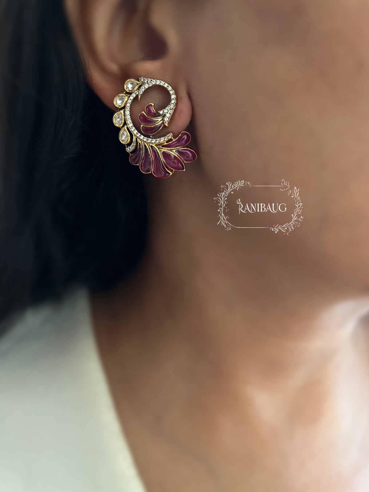 Anora Peacock Feather Inspired Polki Gold Finish Festive Ear Studs Jewelry By Ranibaug