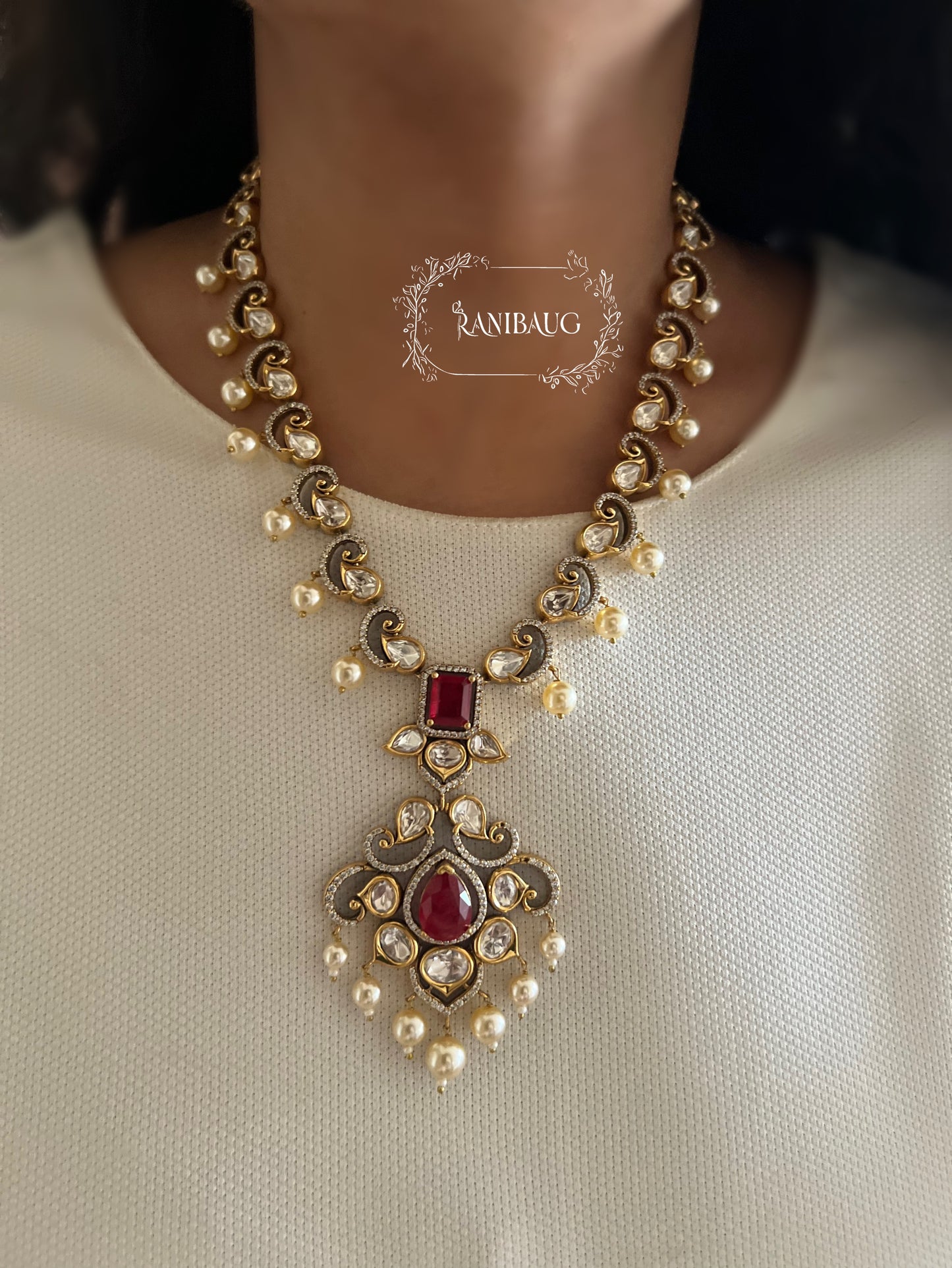 Anshika Victorian Gold Finish Royal Polki Kundan Studded Pearl Adorned Long Necklace Jewellery Set By Ranibaug