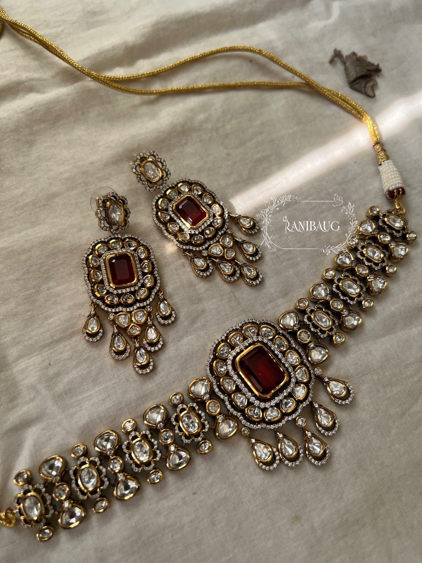 Anshika Victorian Polki Kundan Choker Necklace Set Jewellery For Women With Gemstone By Ranibaug