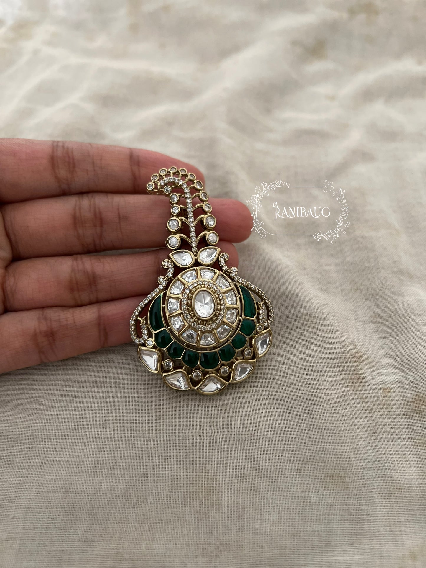 Anuj Rajtilak Emerald Green Polki Studded Victorian Gold Finish Kalgi Safa Brooch By Ranibaug