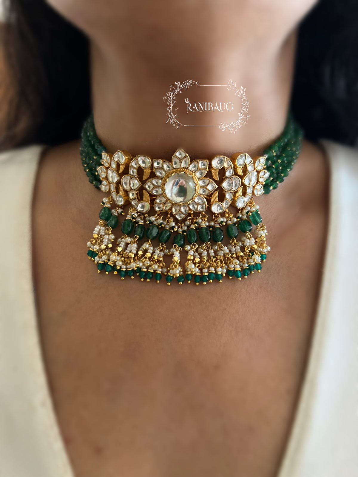 Anupriya Emerald Green Beaded Kundan Heritage Choker Necklace Set By Ranibaug
