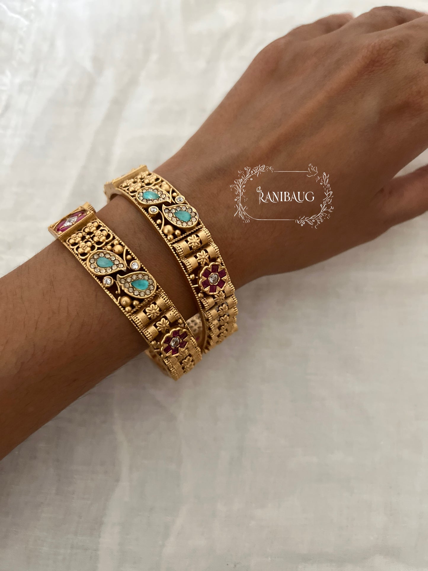 Anuradha Traditional Floral Designer Ruby Mint Accents Gold Finish Heritage Bangls By Ranibaug