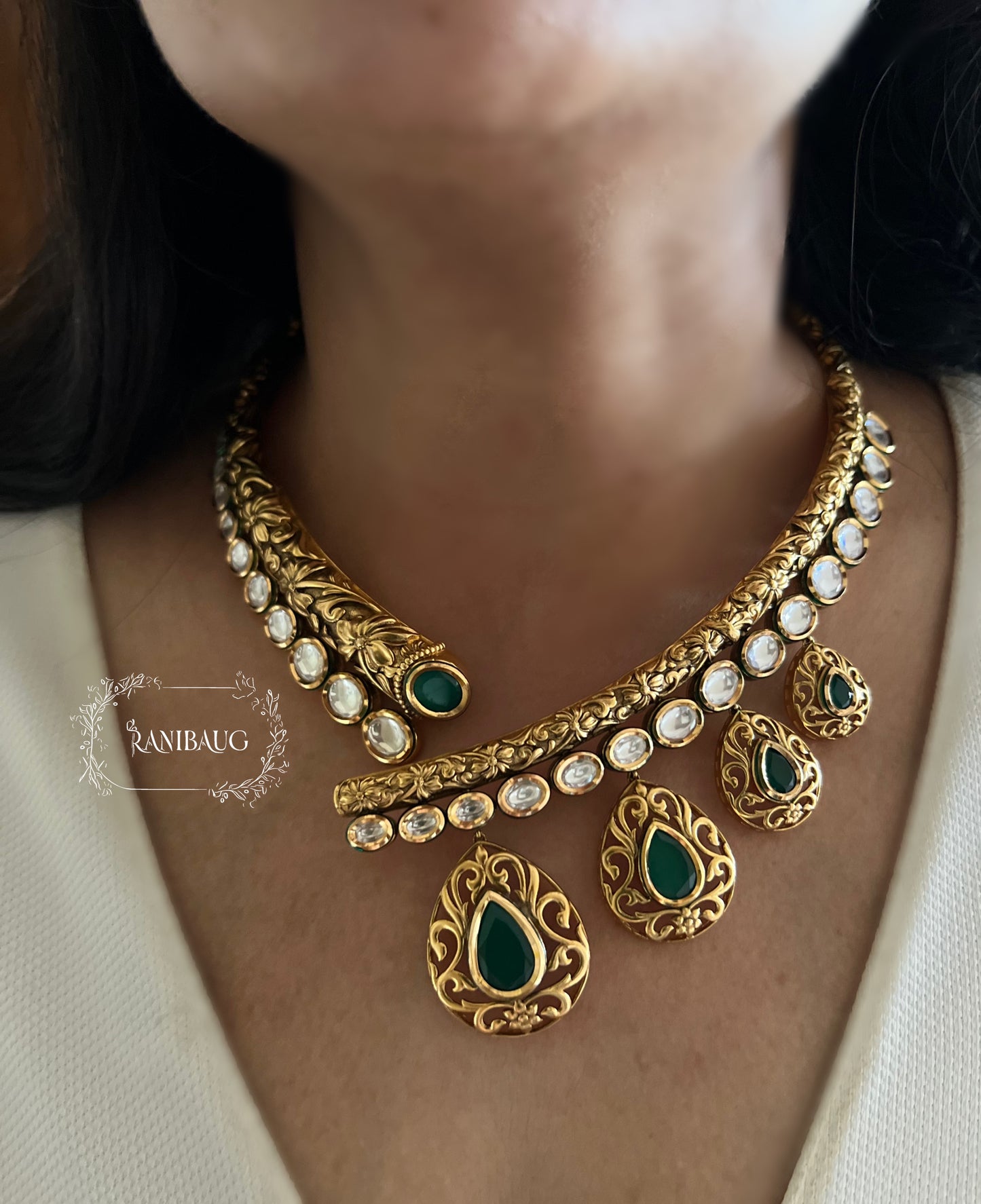 Arpita Gold Emerald Teardrop Polki Unique Designer Necklace Set By Ranibaug | 2025