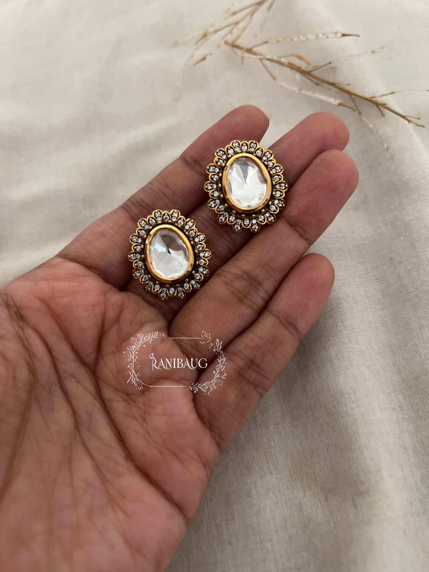 Arya Mossainite Polki Royal Stone Diamond Stud Earrings In Premium Victorian Finish By Ranibaug