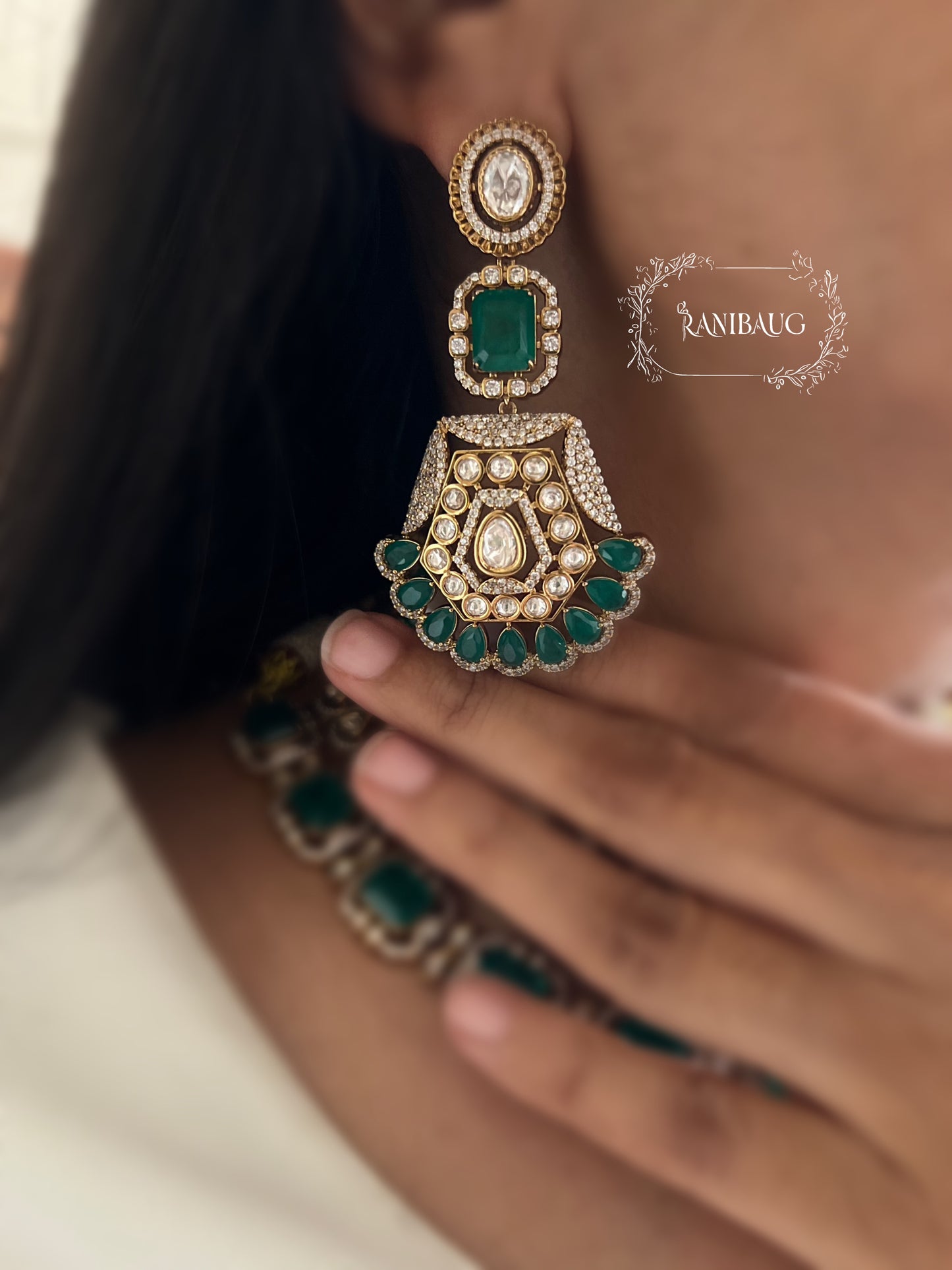 Ashi Royal Layered Emerald Green Gold Finish Polki Studded Necklace Set With Maang Tikka By Ranibaug