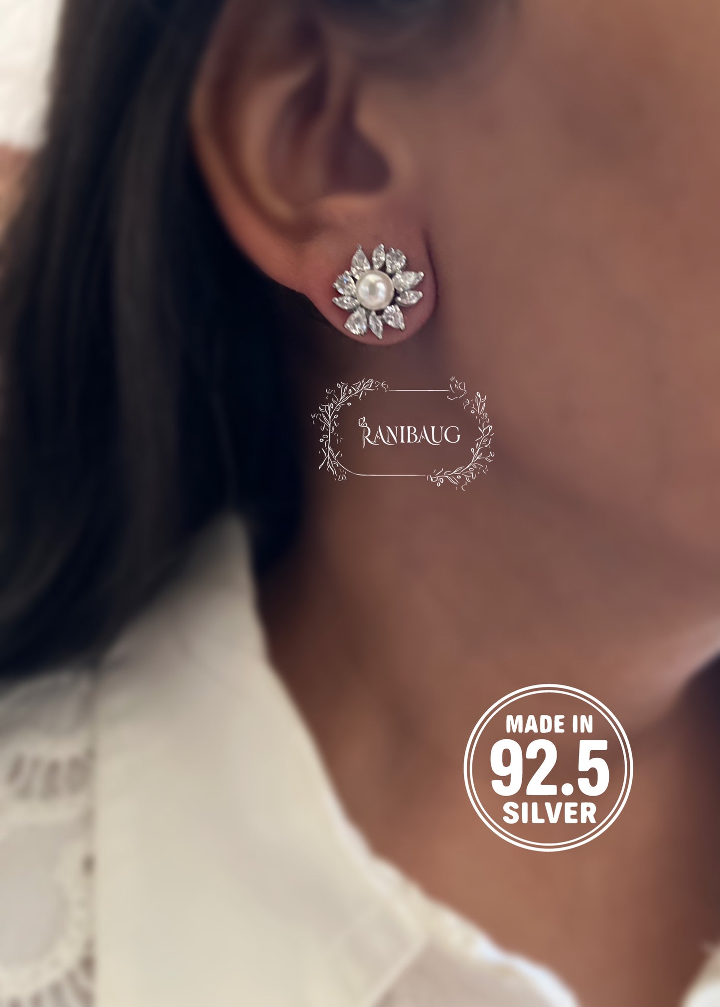 Aurelia Pearl Bloom 92.5 Silver Floral Diamond Ear Studs By Ranibaug