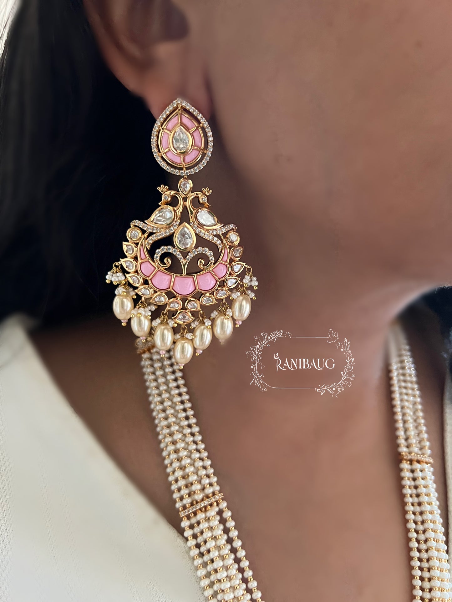Avanti Royal Peacock Motif Pearl Adorned Polki Studded Gold Finish Princess Inspired Necklace Jewelry Set By Ranibaug