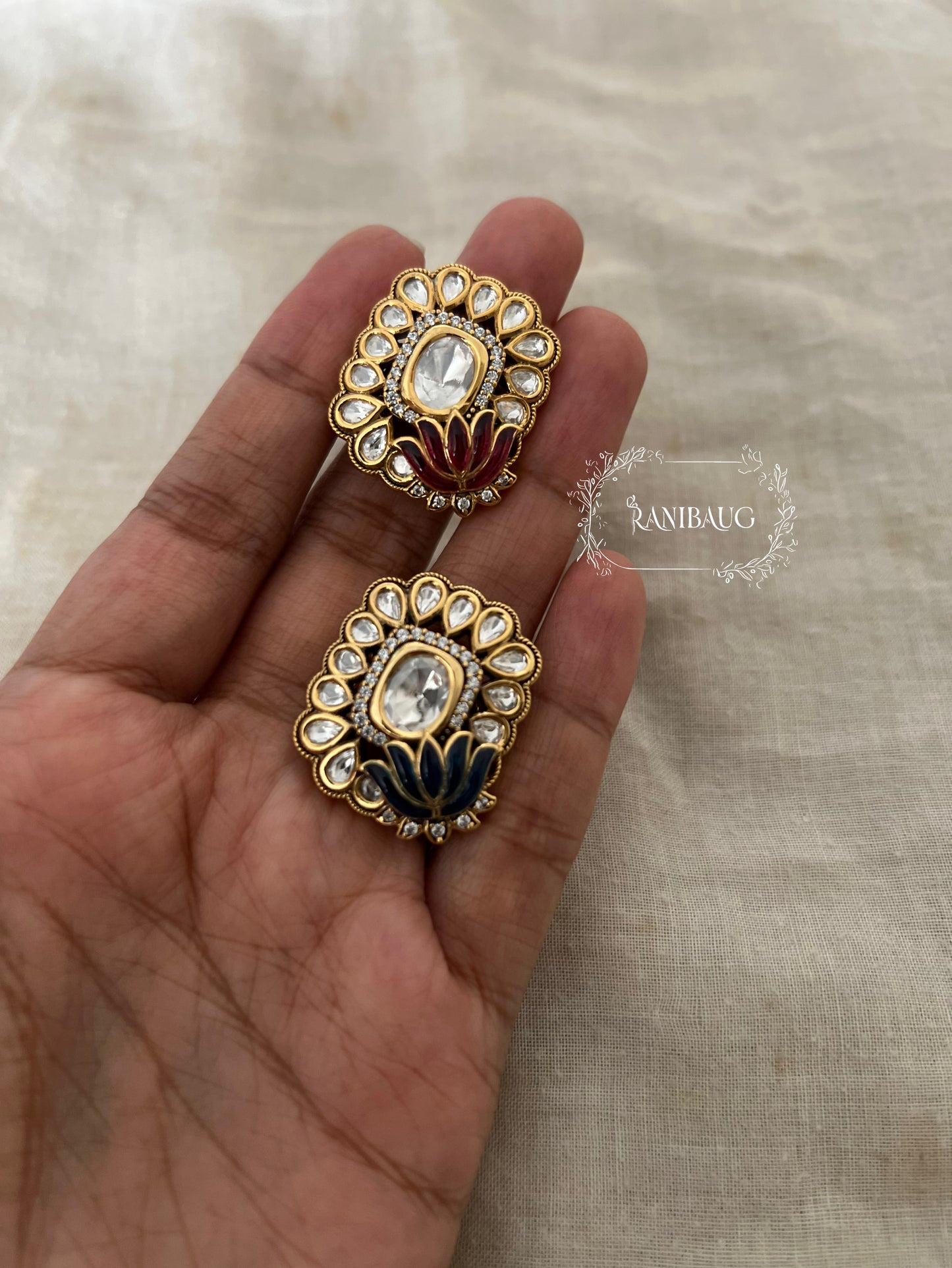 Bahaar Lotus Enamel Polki Studded Gold Finish Ring Jewelry By Ranibaug