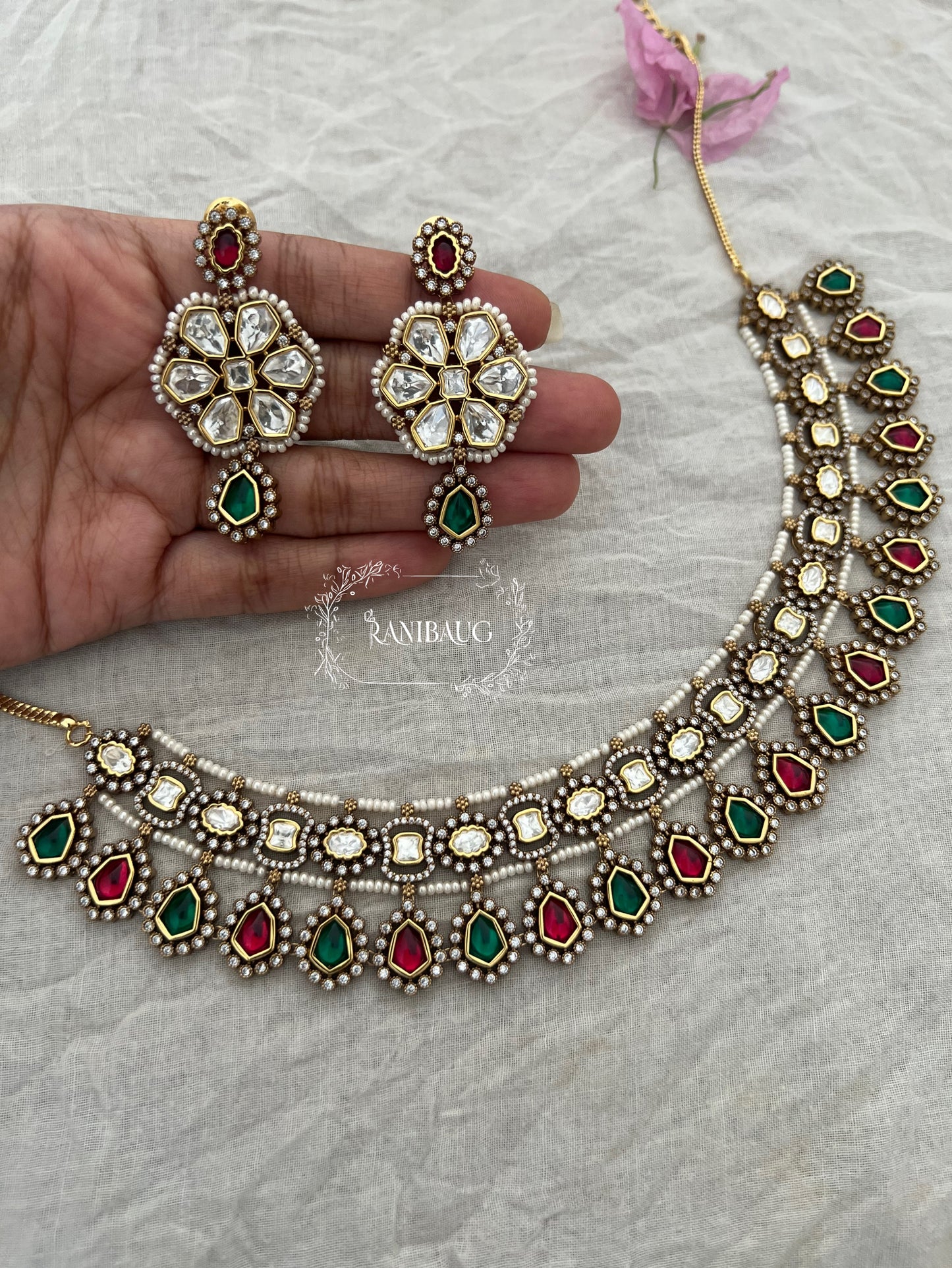 Bela Mossainite Stone Floral Motif Royal Victorian Jewellery Set By Ranibaug | Designer Jewellery 2025 | Wedding Multicolor Jjewellery