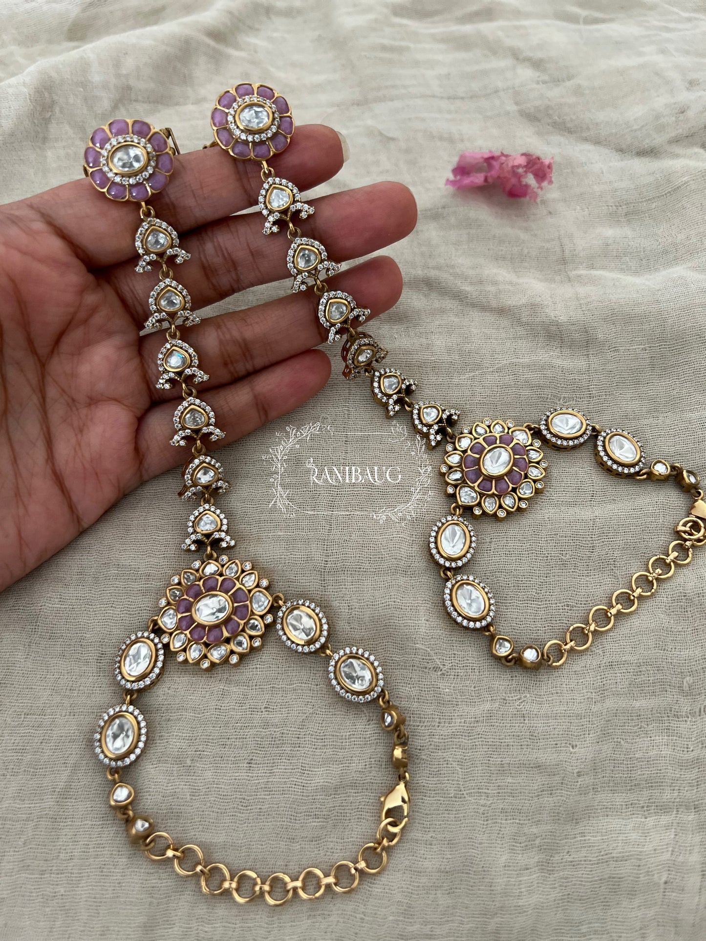 Bhavi Mossainite Polki Kundan Wedding Wear Premium Gold Finish Hathphool | Ranibaug