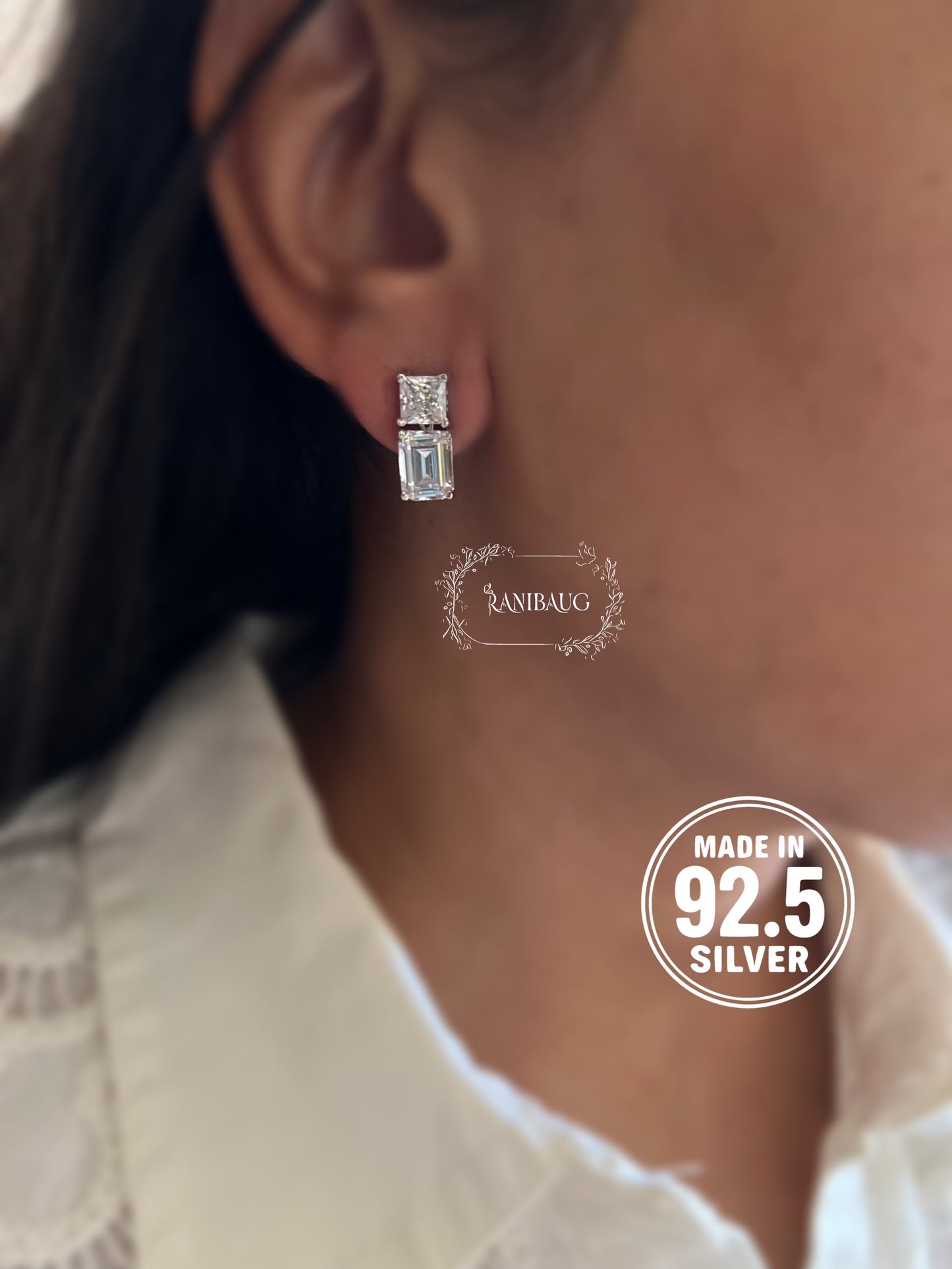 Celeste Emerald Cut 92.5 Silver Diamond Ear Studs By Ranibaug
