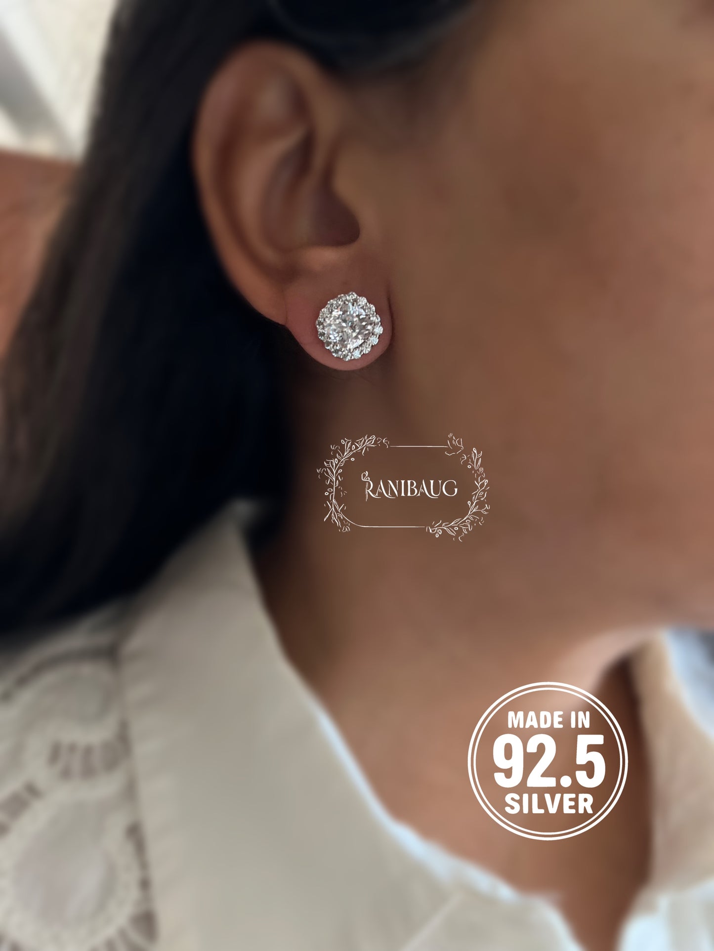 Celestia Halo Round Motif 92.5 Silver Ear Studs Jewelry By Ranibaug