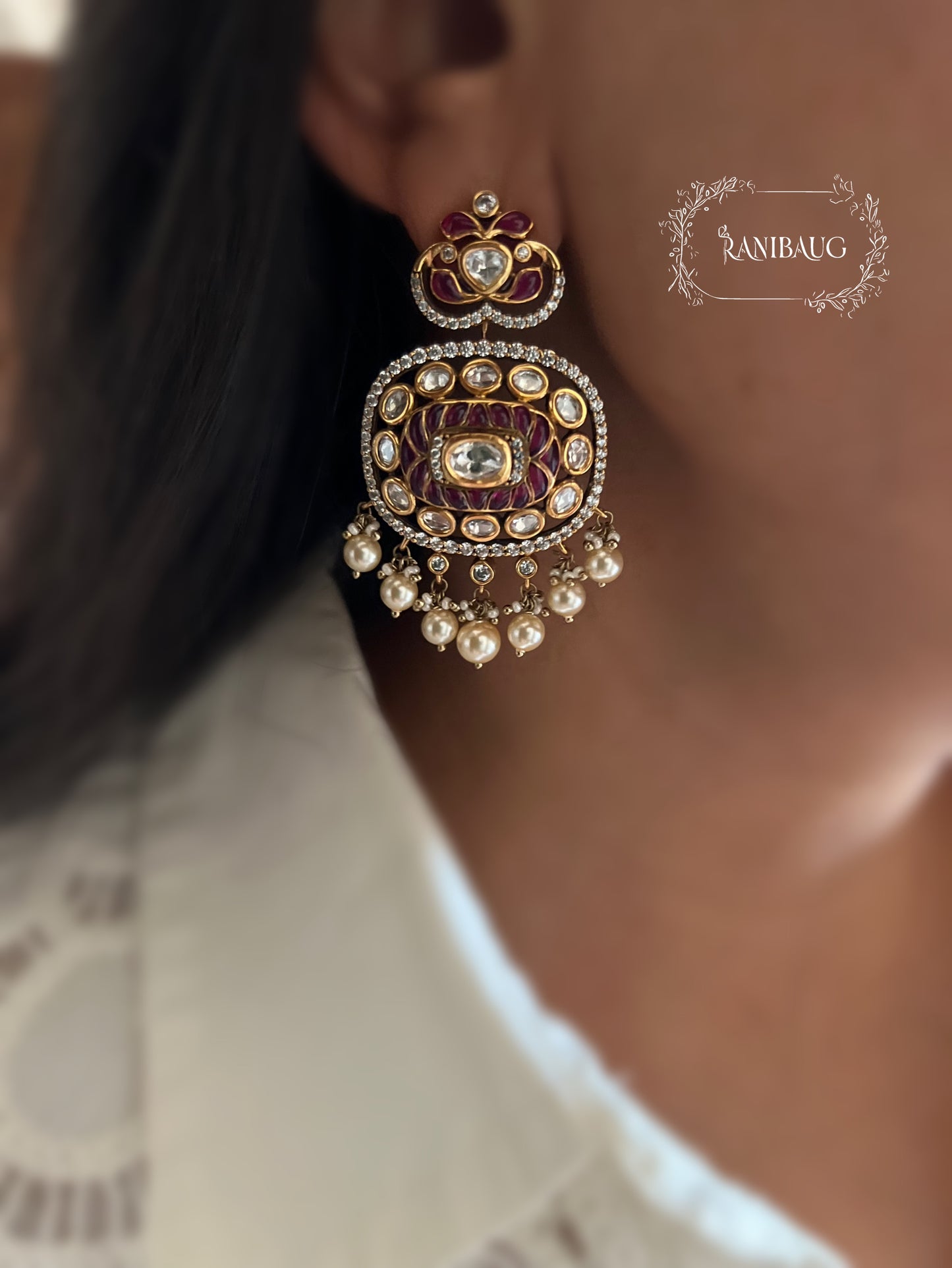 Chandanbala Polki Studded Gold Plated Festive Earrings With Dangling Pearl Fringe By Ranibaug