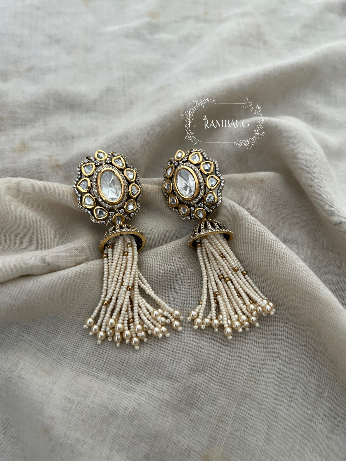 Chandrima Antique Gold Finish Polki Studded Pearl Fringe Tassel Designer Earrings Jewelry By Ranibaug