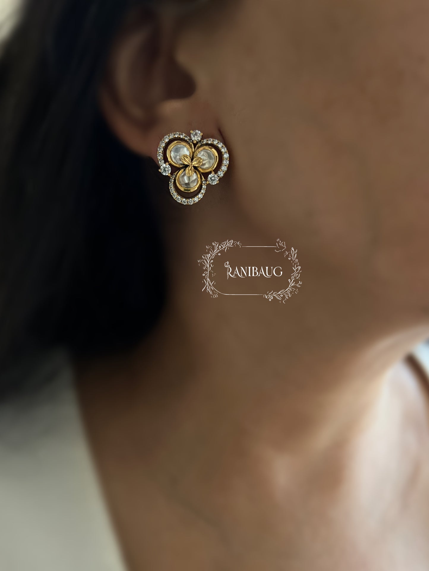 Charvi Polki Clover Kundan Zirconia Classic Stud Earrings By Ranibaug