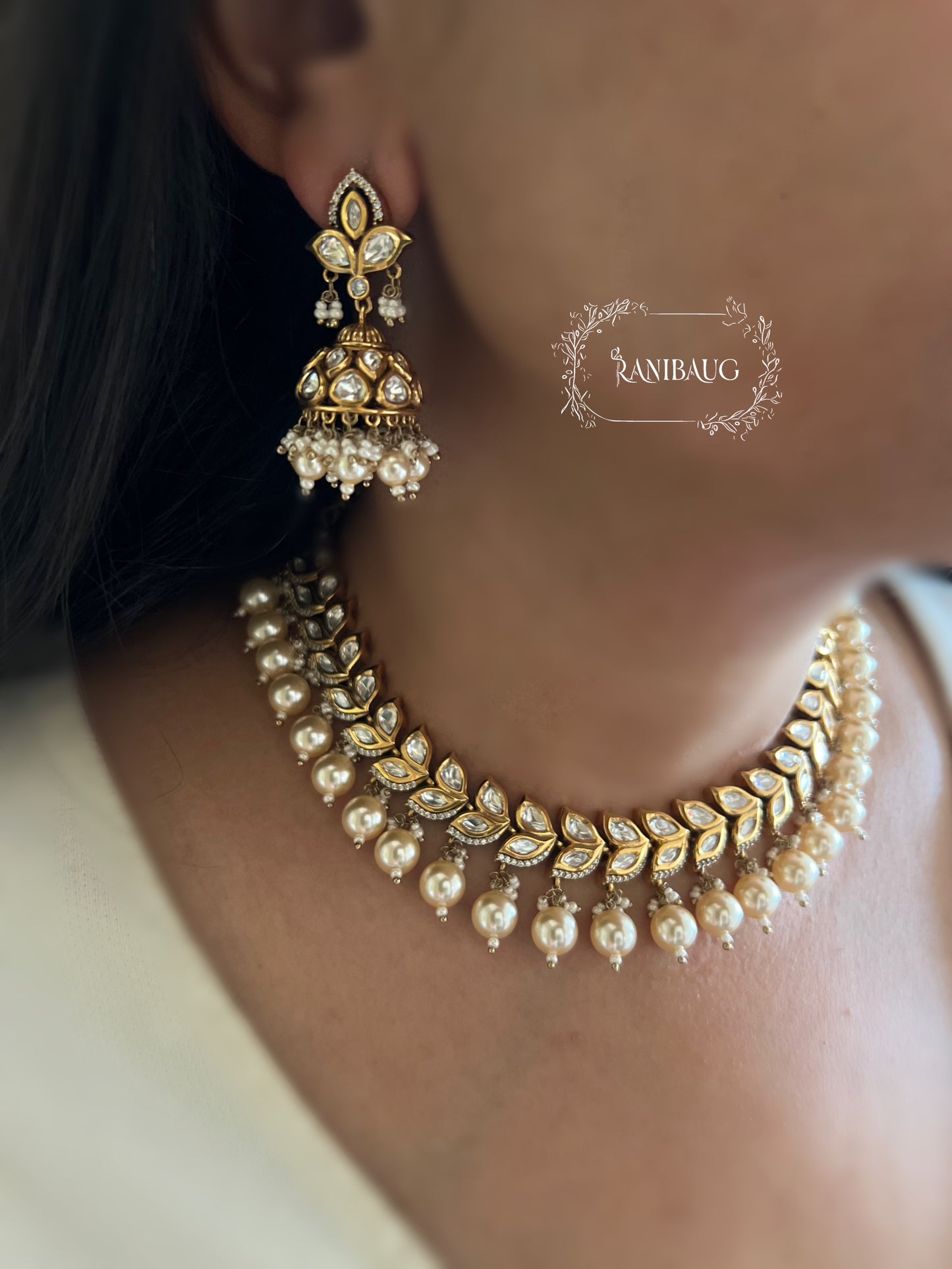Chaya Leaf Kundan And Pearl Necklace Set In Rich Gold Finish By Ranibaug | Wedding Necklace Jewelry