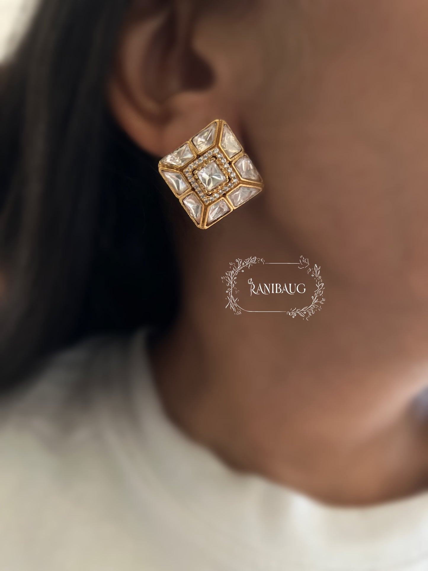 Chitrangana Square Polki Kundan Studded Ear Studs Jewelry By Ranibaug