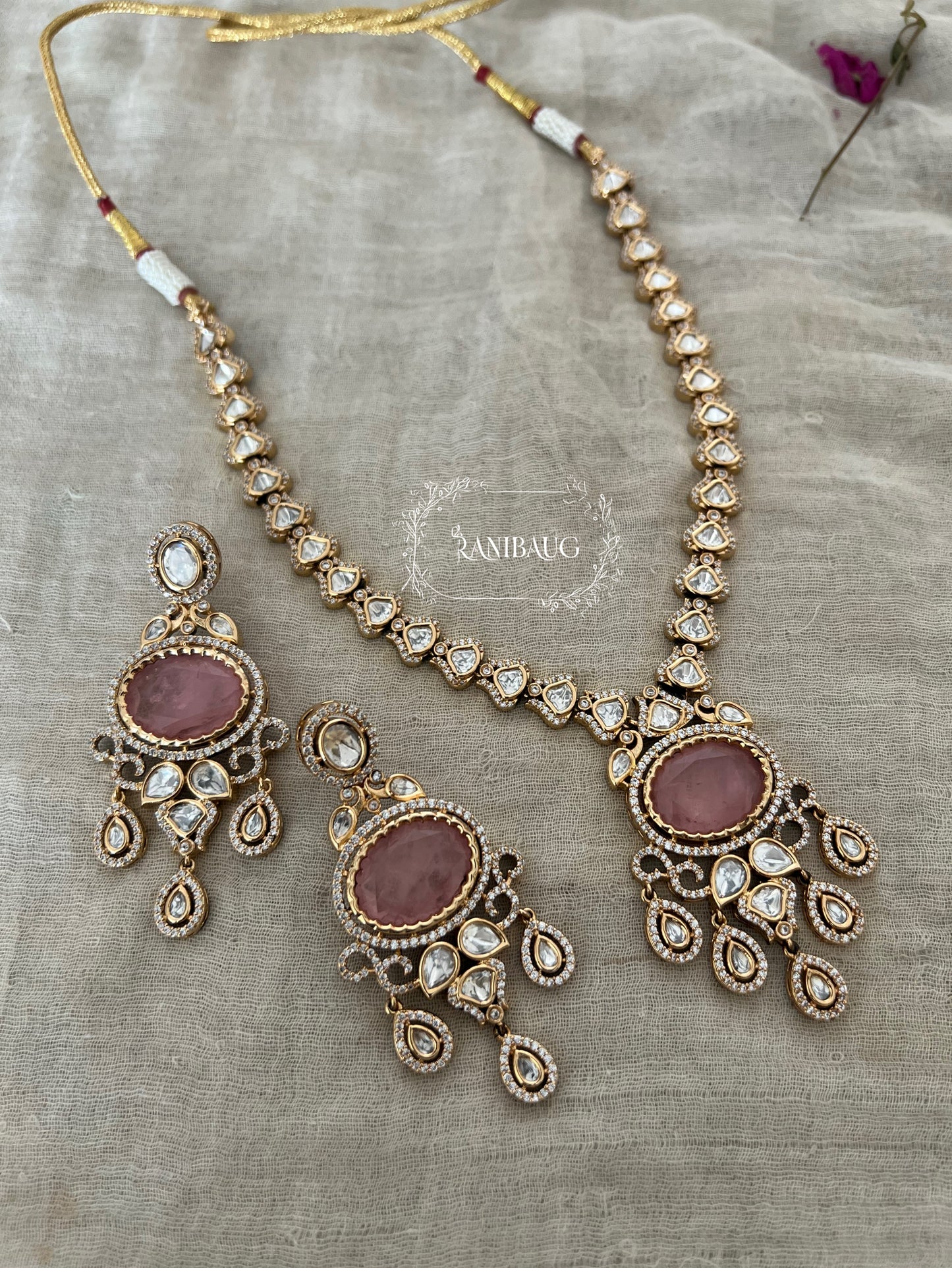 Danuja Long Polki Mossainite Necklace Jewellery Set By Ranibaug