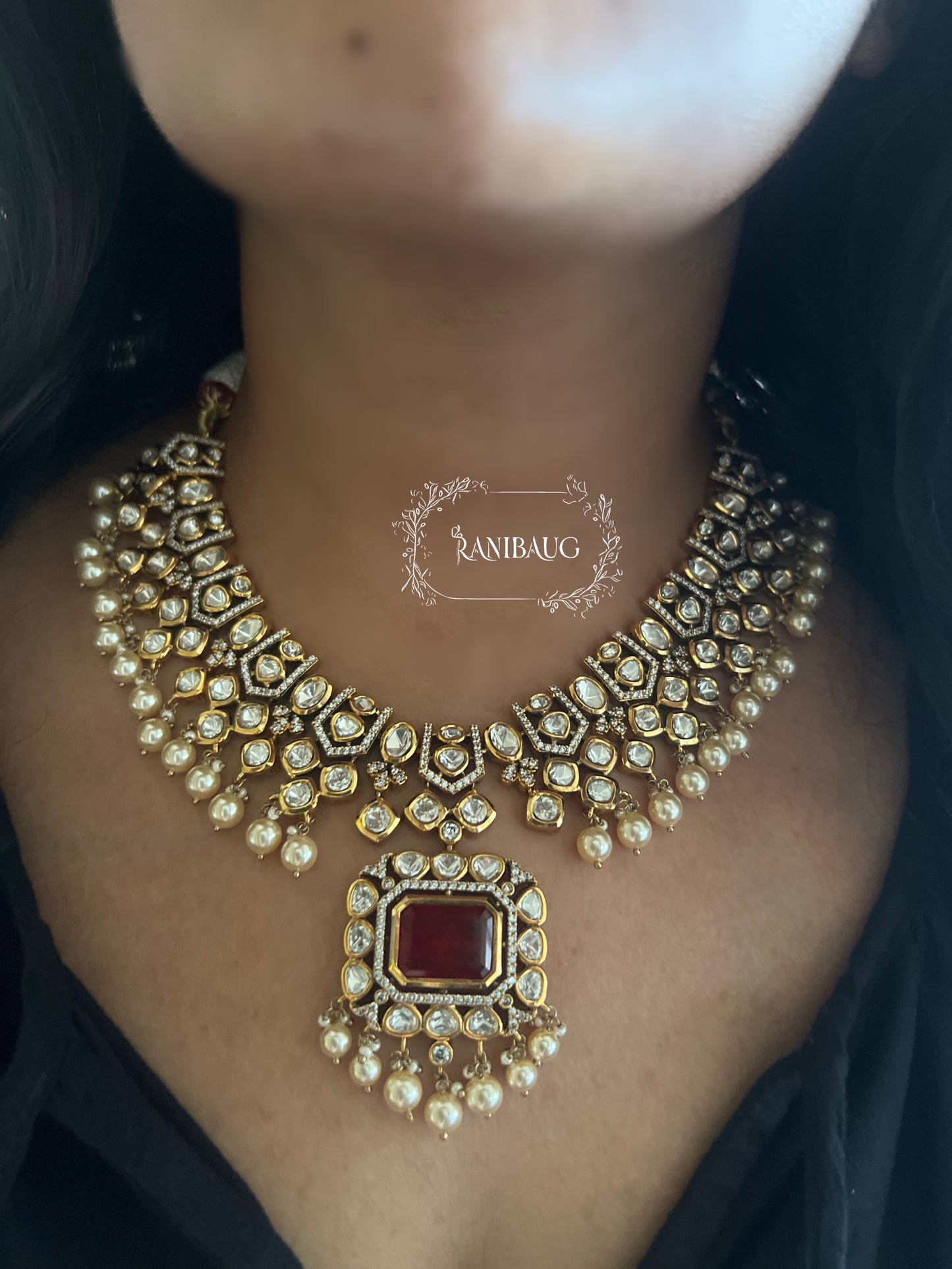 Devika Indian Polki Kundan Studded Gold Plated Gemstone Jewellery Set By Ranibaug