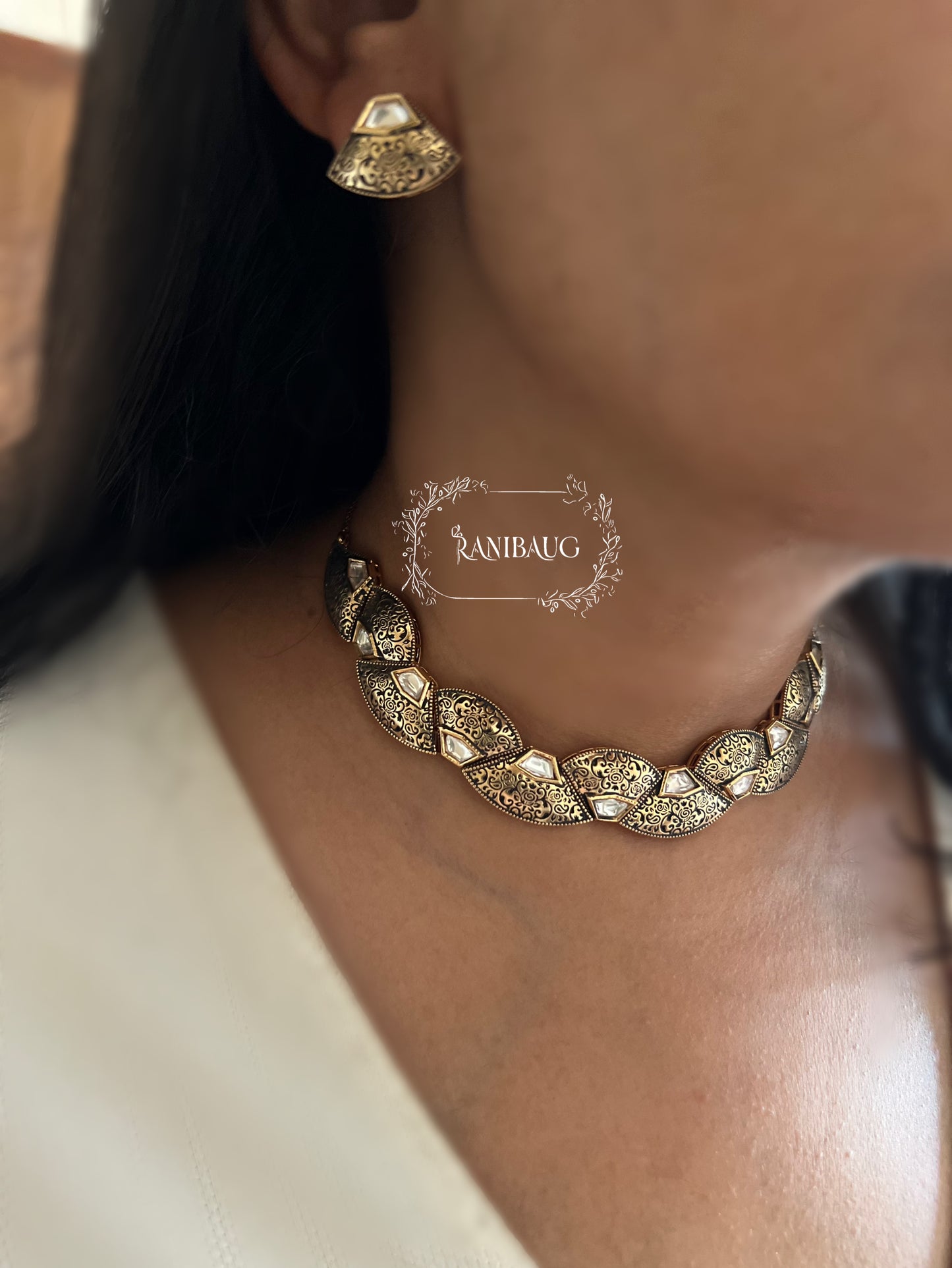 Dipika Antique Gold Finish Polki Studded Heritage Style Necklace Jewelry Set By Ranibaug