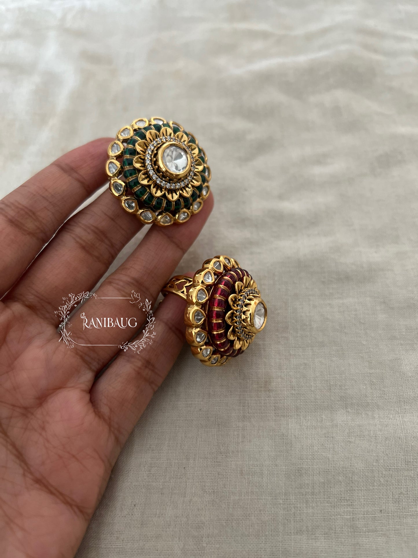 Draupadi Royal Dome Ring With Raised Meenakari Work In Rich Gold Finish by Ranibaug