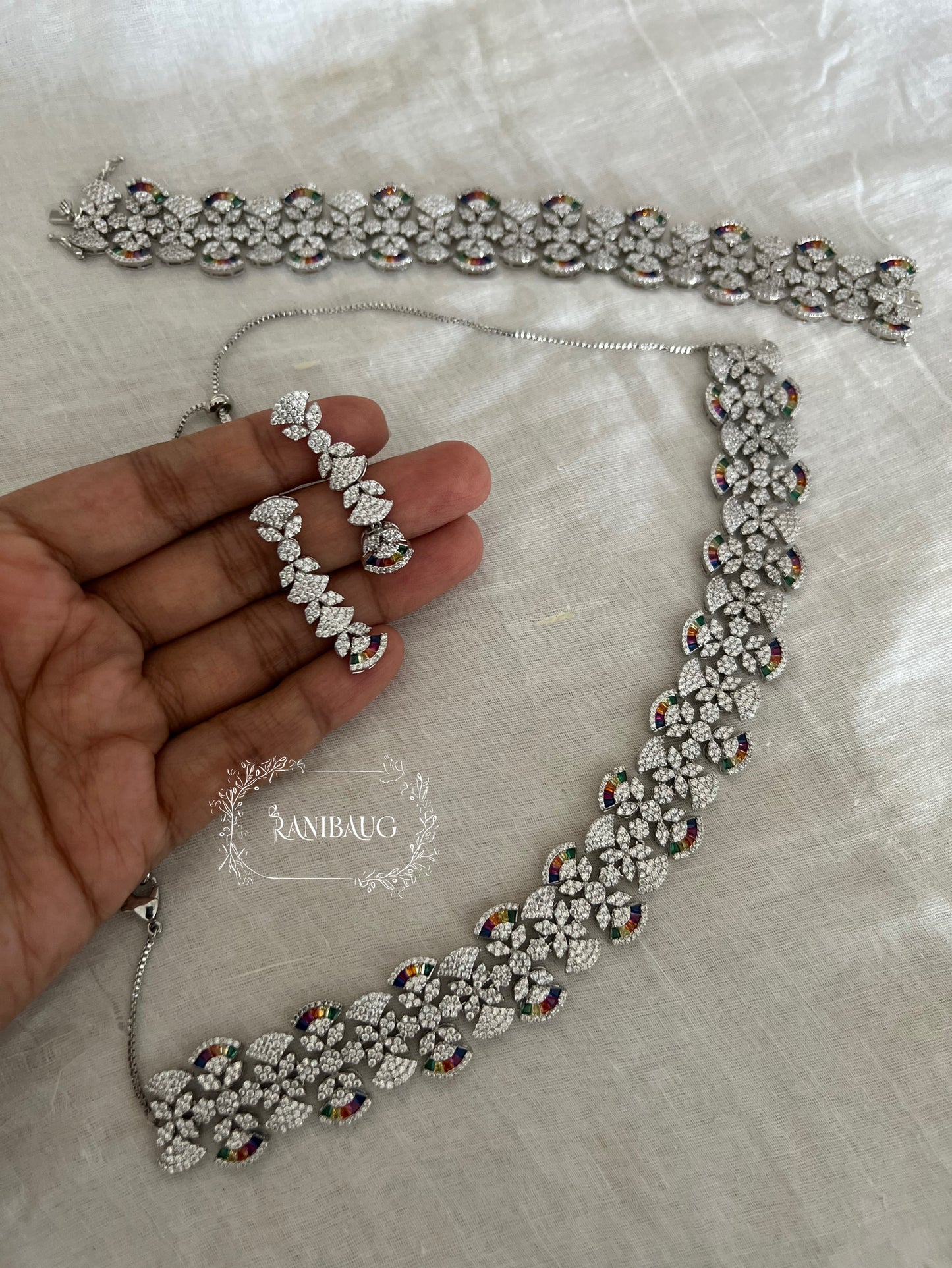 Emma Prism Royale Diamond Silver Rhodium Finish Multi Color Diamond Set By Ranibaug