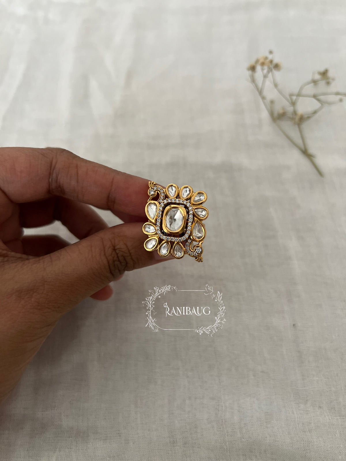 Enaya Rectangular Polki Kundan Gold Finish Peacock Motif Ring By Ranibaug
