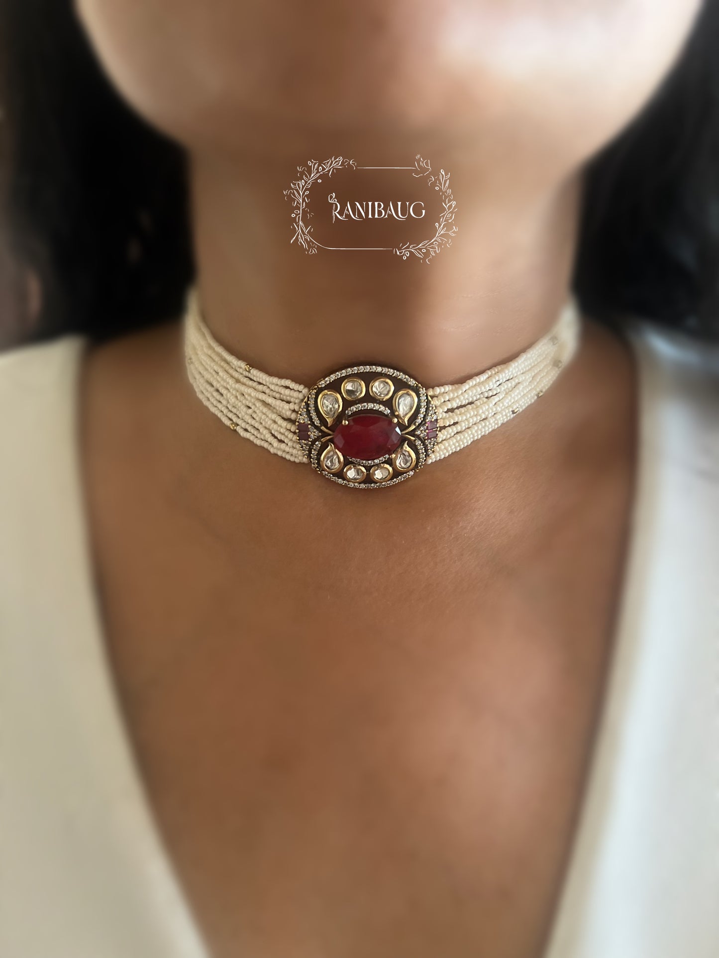 Eshana Royal Pearl Strand Kundan Polki Choker Set By Ranibaug