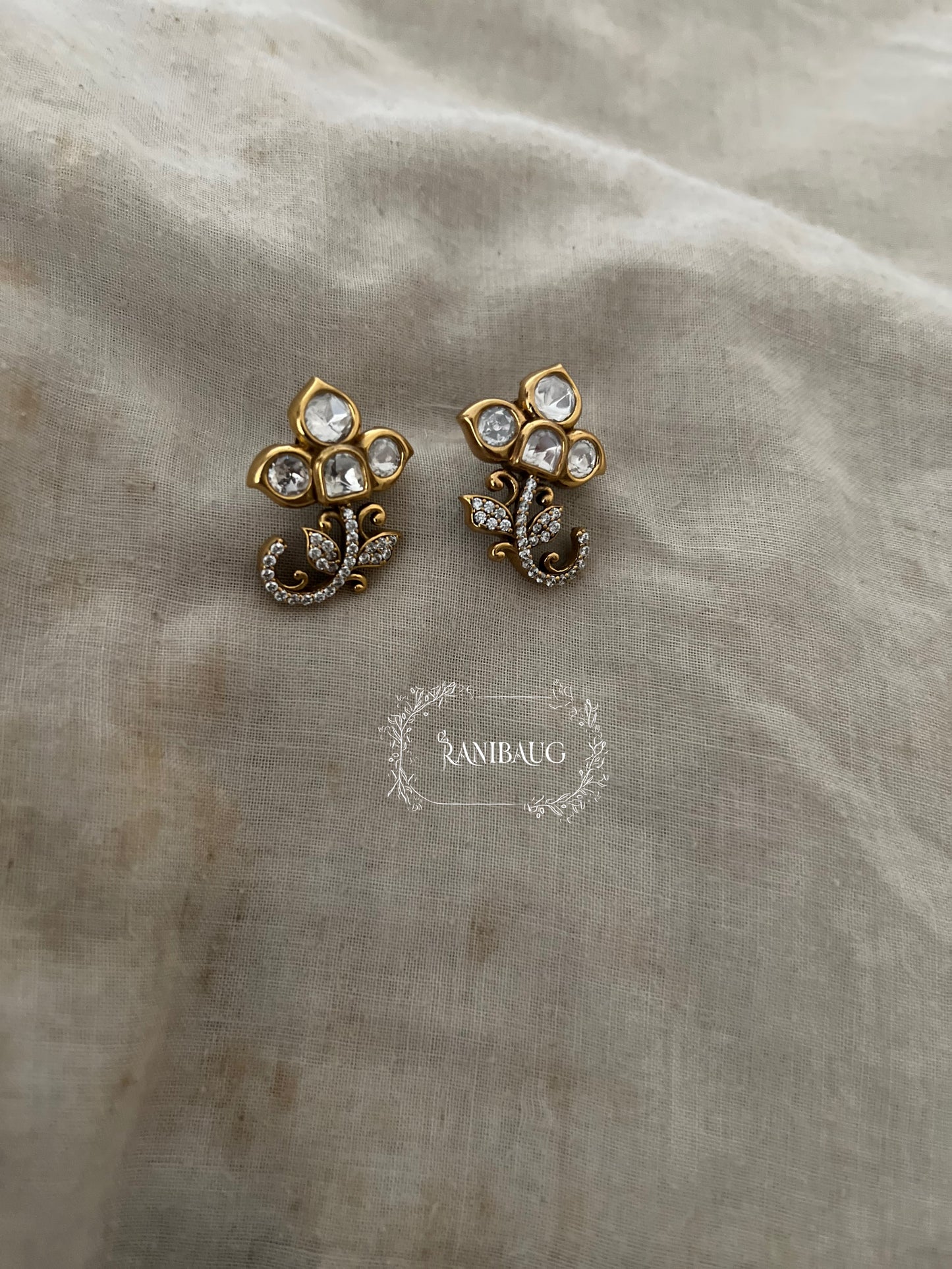 Eshani Floral Leaf Polki Kundan Vine Classic Gold Plated Ear Studs Jewelry By Ranibaug