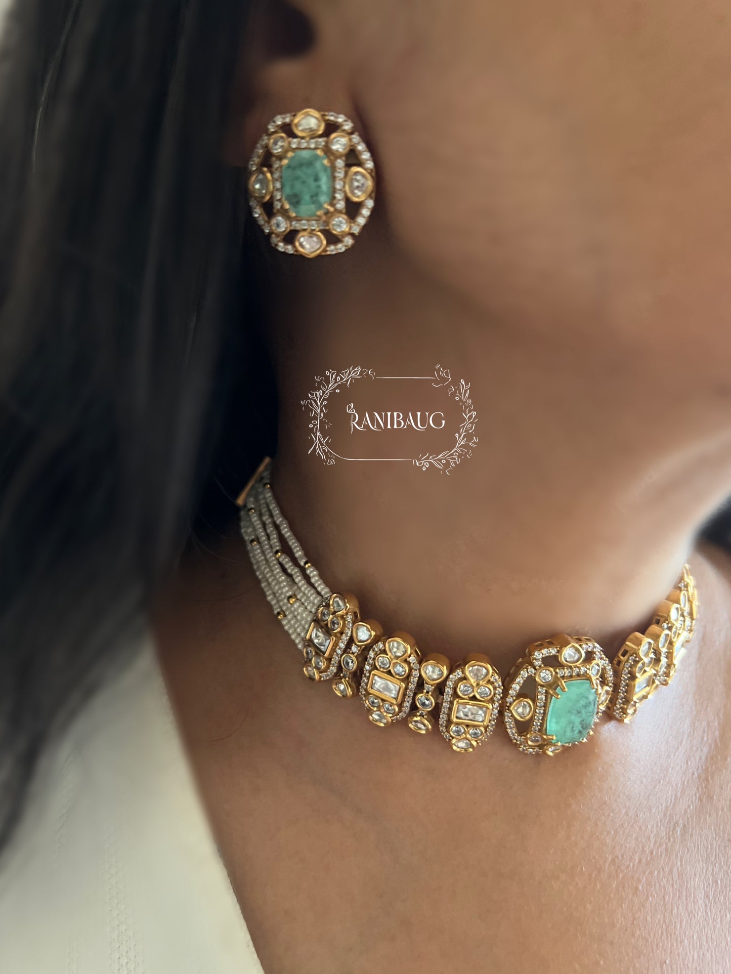 Nishi Royal Polki Kundan Studded Gold Finish Layered Necklace Set With Earrings By Ranibaug