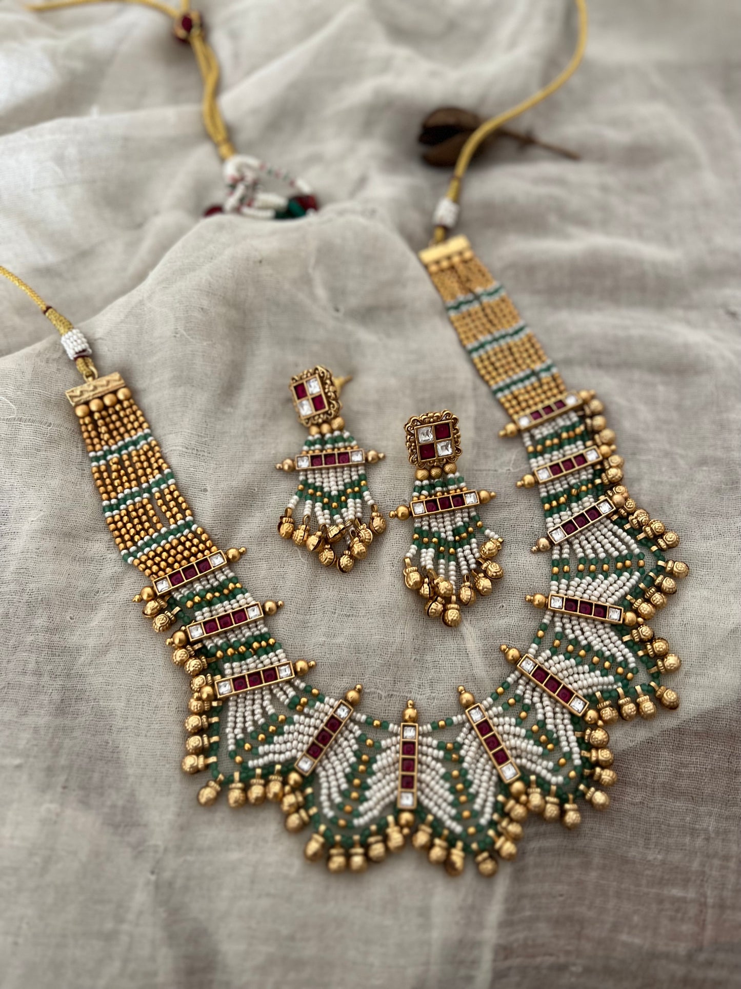 Falak Traditional Gold Plated Green And Ruby Accent Necklace Jewellery Set For Wedding By Ranibaug