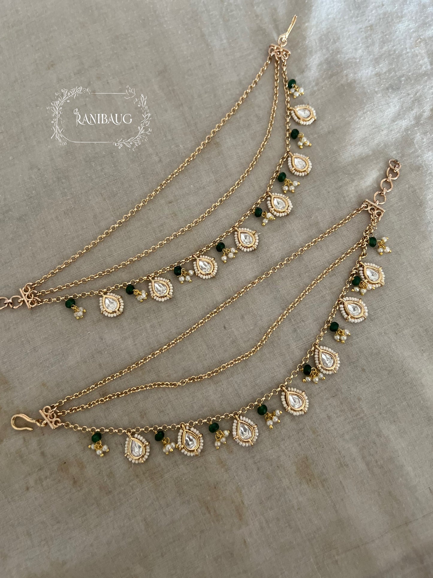 Fiza Gold Finish Polki Drop Emerald And Pearl Bead Fringe Indian Traditional Ear Chain By Ranibaug