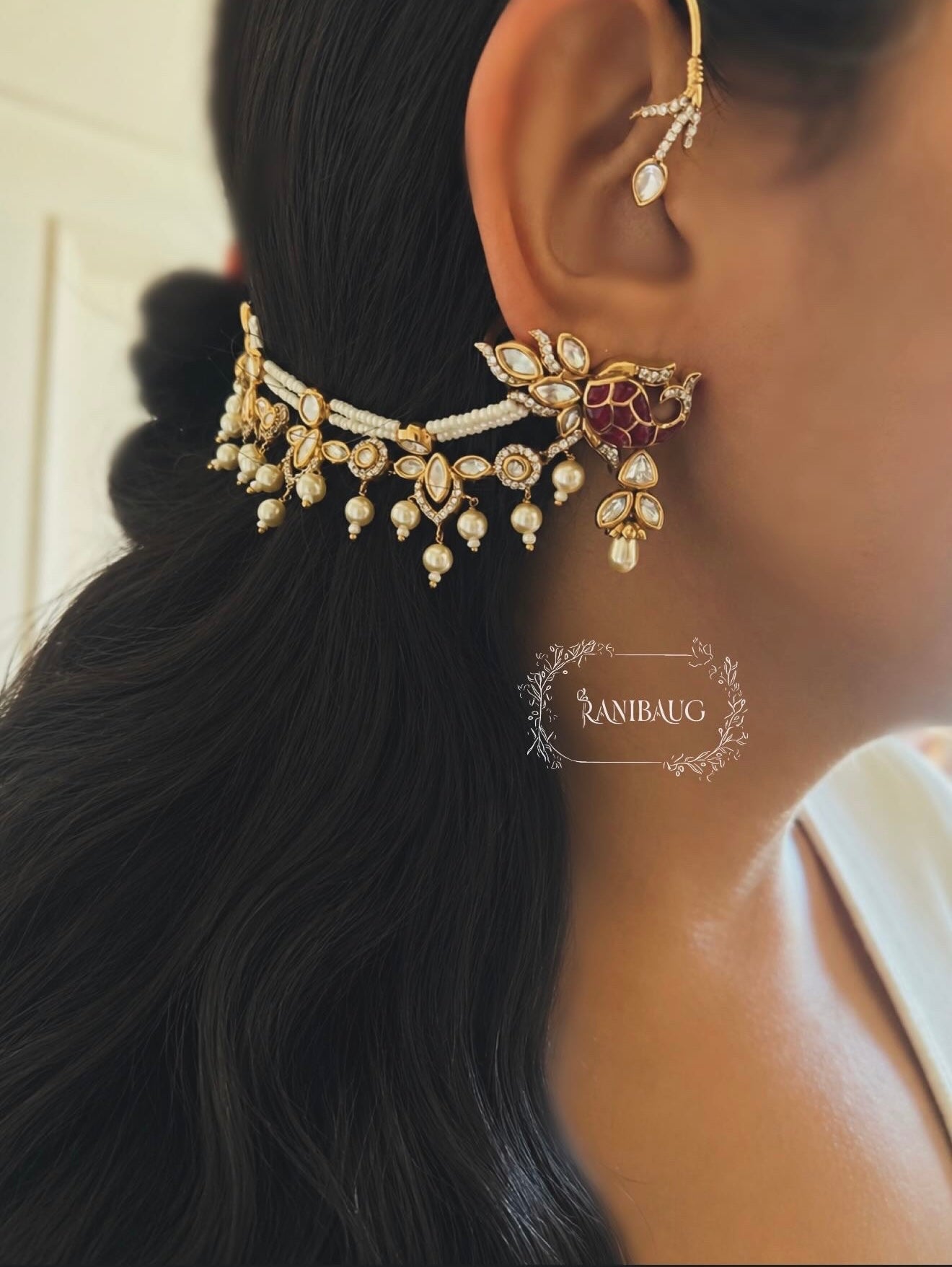 Bagh Pankh Pearl Hair Chain Ear Cuff Earrings by Ranibaug