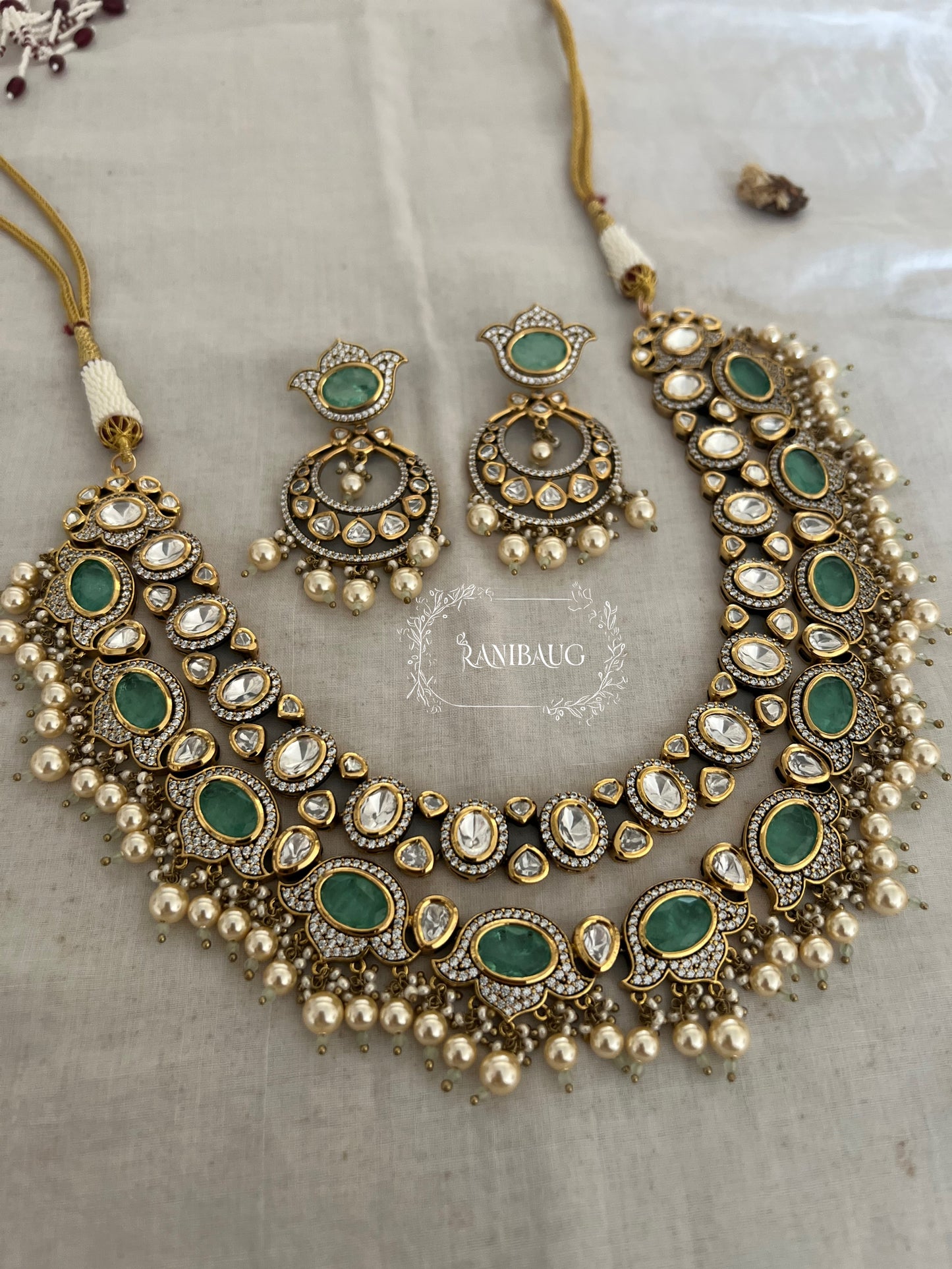 Garima Vintage Luxury Polki Kundan Victorian Finish Jewellery Set With Pearls By Ranibaug